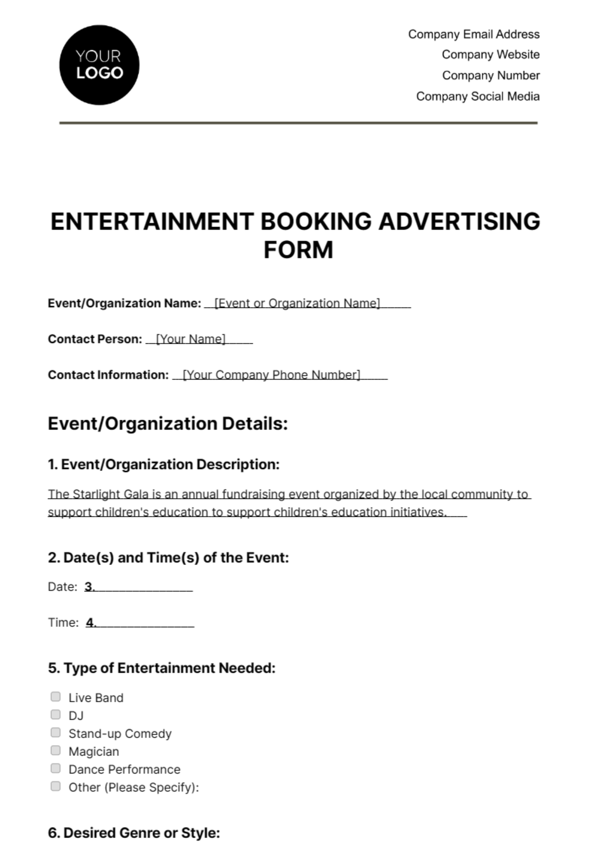 Entertainment Booking Advertising Form Template