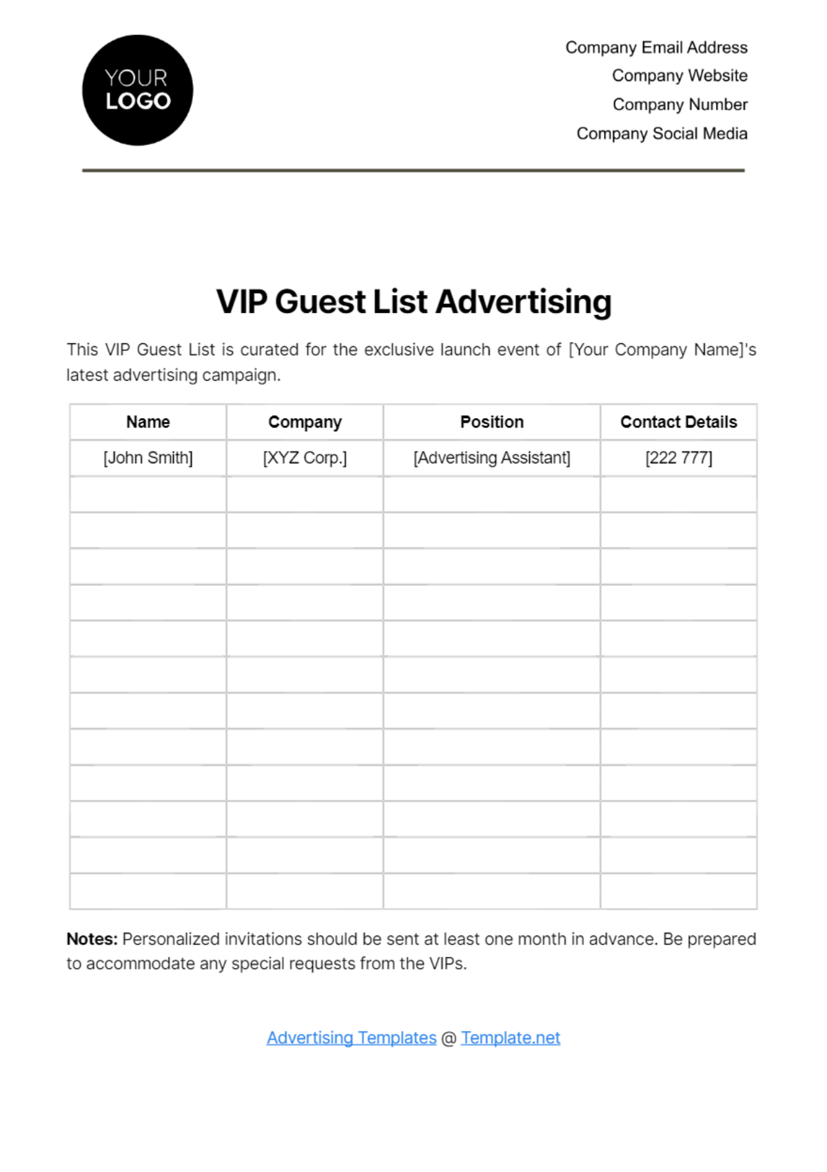 VIP Guest List Advertising Template