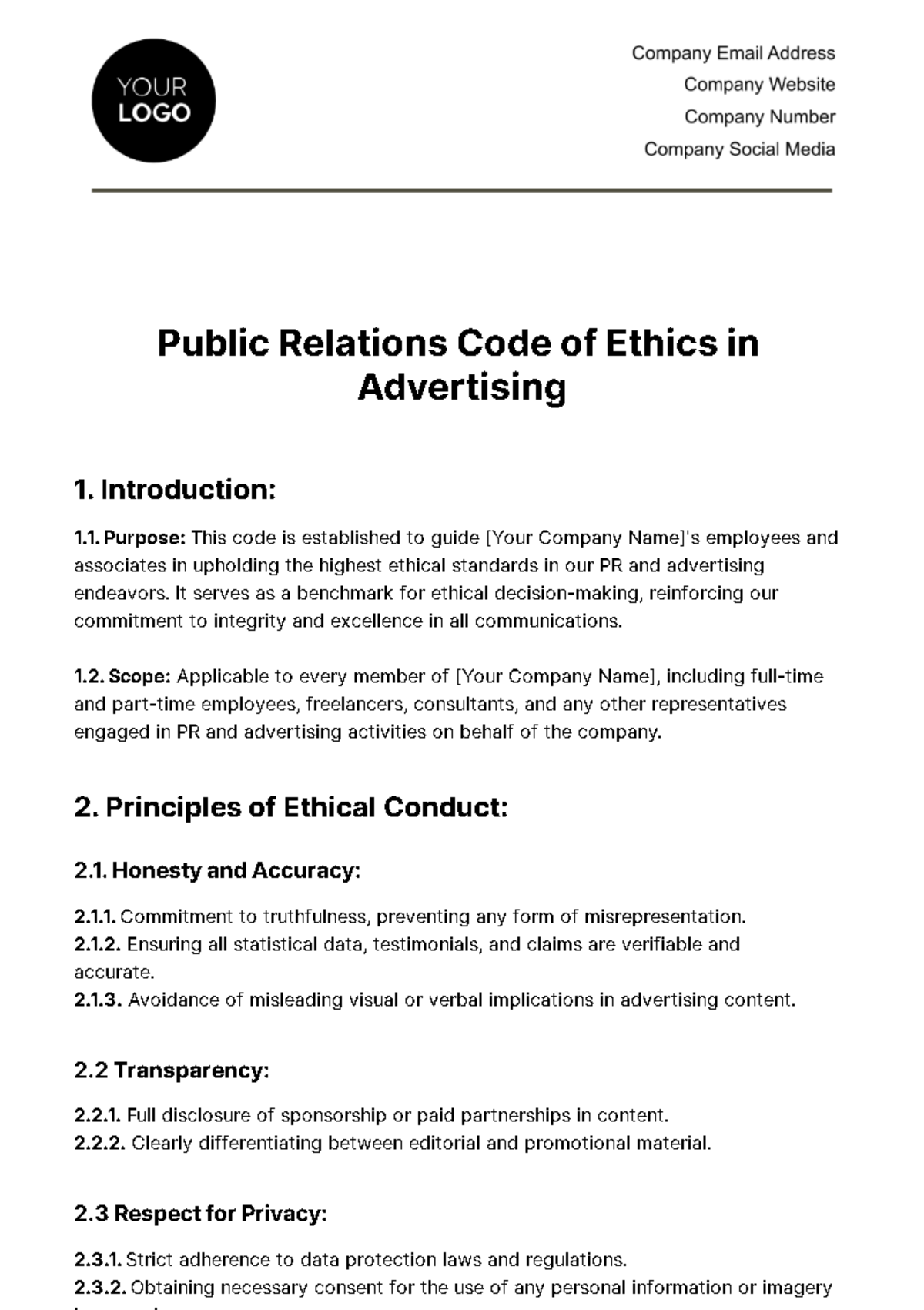 Public Relations Code of Ethics in Advertising Template