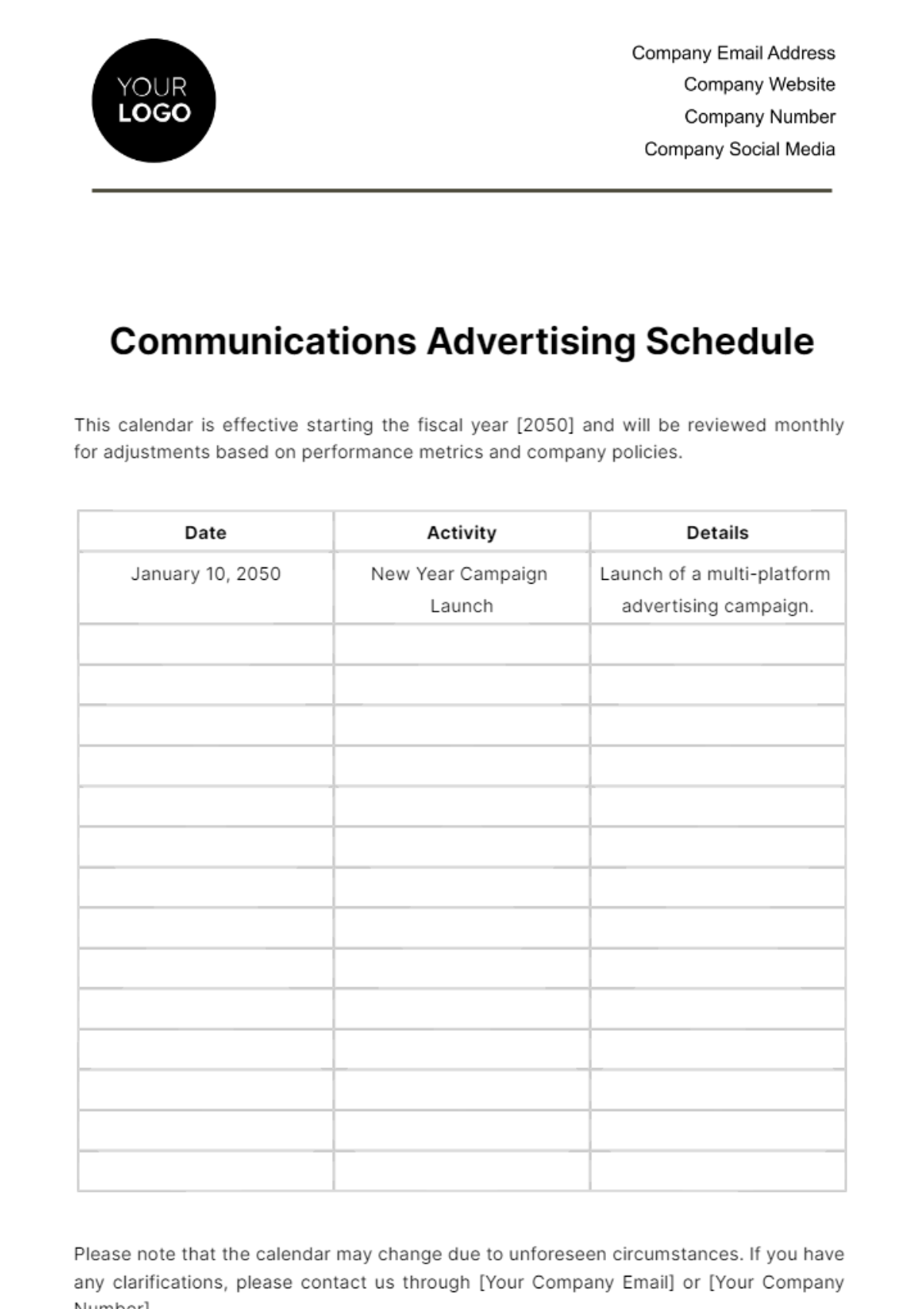 Communications Advertising Schedule Template