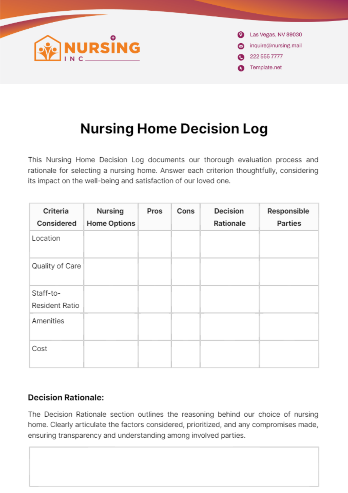 Nursing Home Decision Log Template