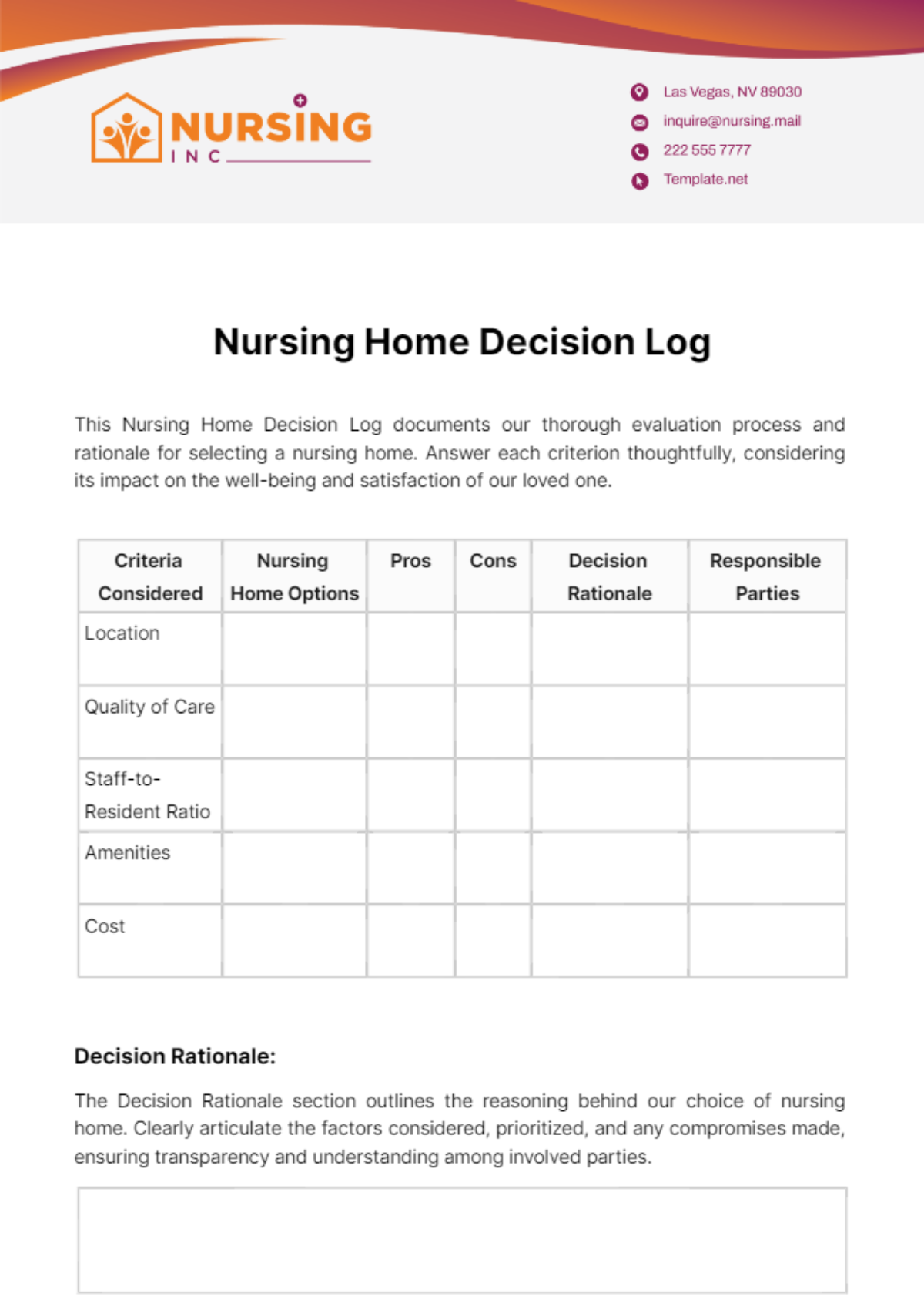 Nursing Home Decision Log Template - Edit Online & Download