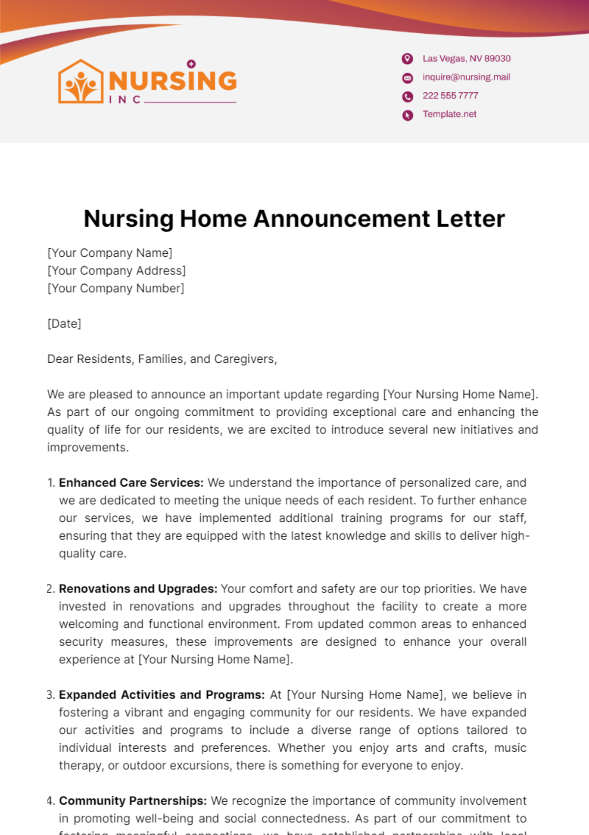 Nursing Home Announcement Letter Template