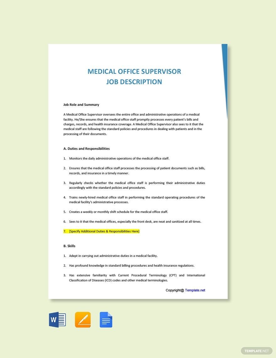 Free Medical Office Supervisor Job Ad/Description Template - Google Docs,  Word, Apple Pages, PDF 