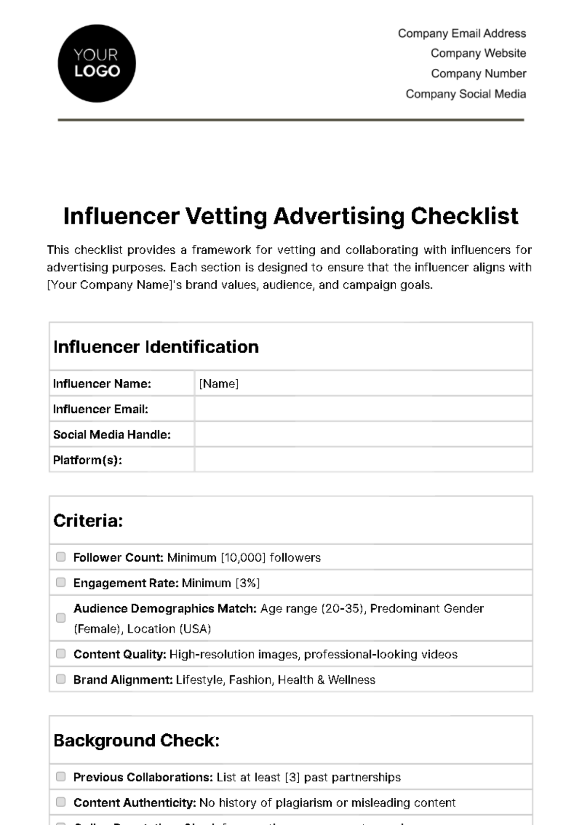 Free Influencer Vetting Advertising Checklist Template