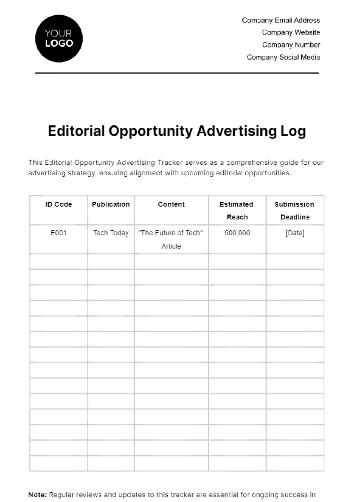Free Editorial Opportunity Advertising Log Template