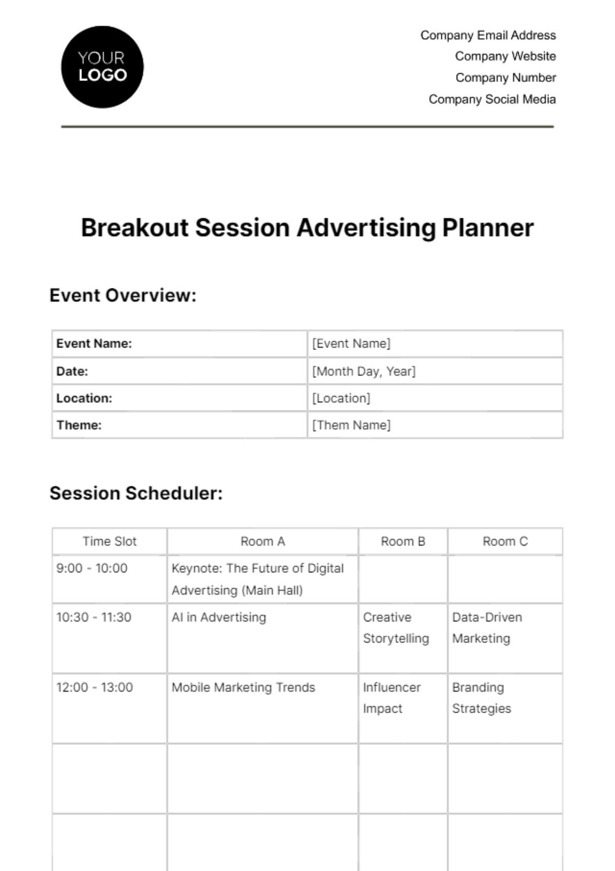 Free Breakout Session Advertising Planner Template