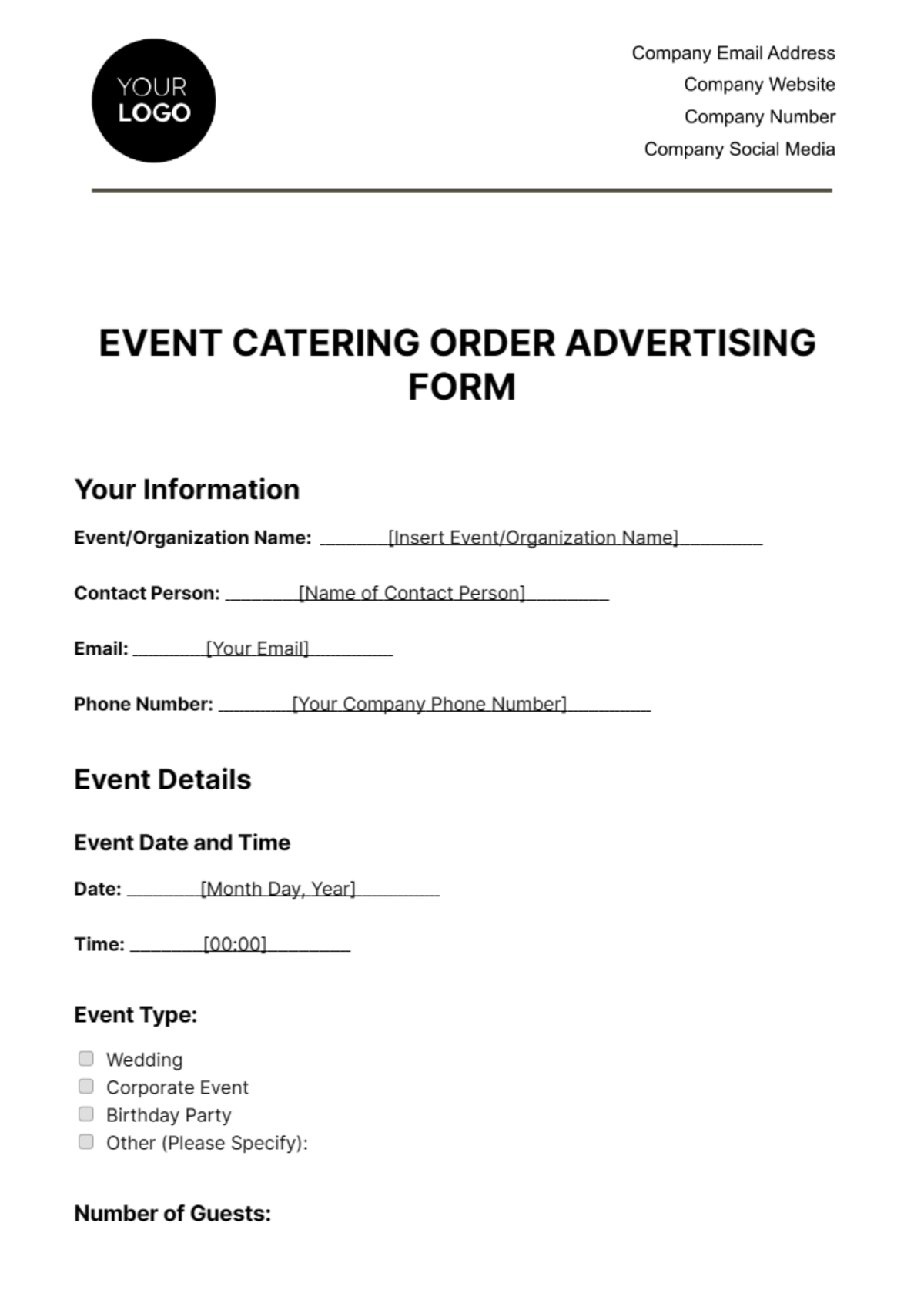 Event Catering Order Advertising Form Template - Edit Online & Download