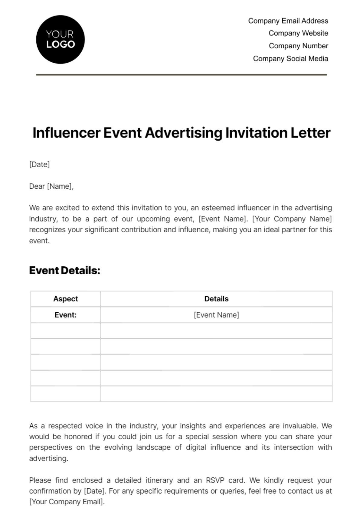 Free Influencer Event Advertising Invitation Letter Template