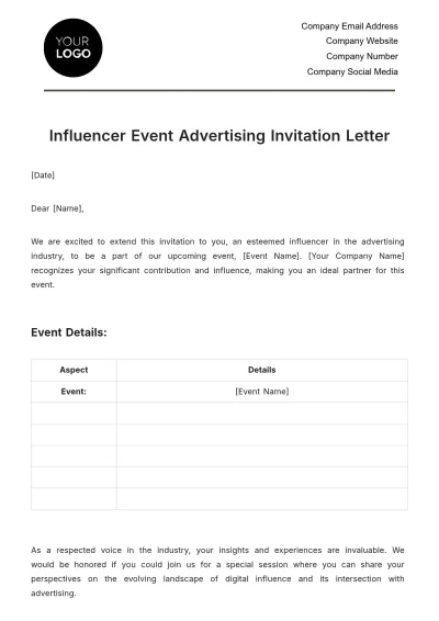 Free Influencer Event Advertising Invitation Letter Template to Edit Online