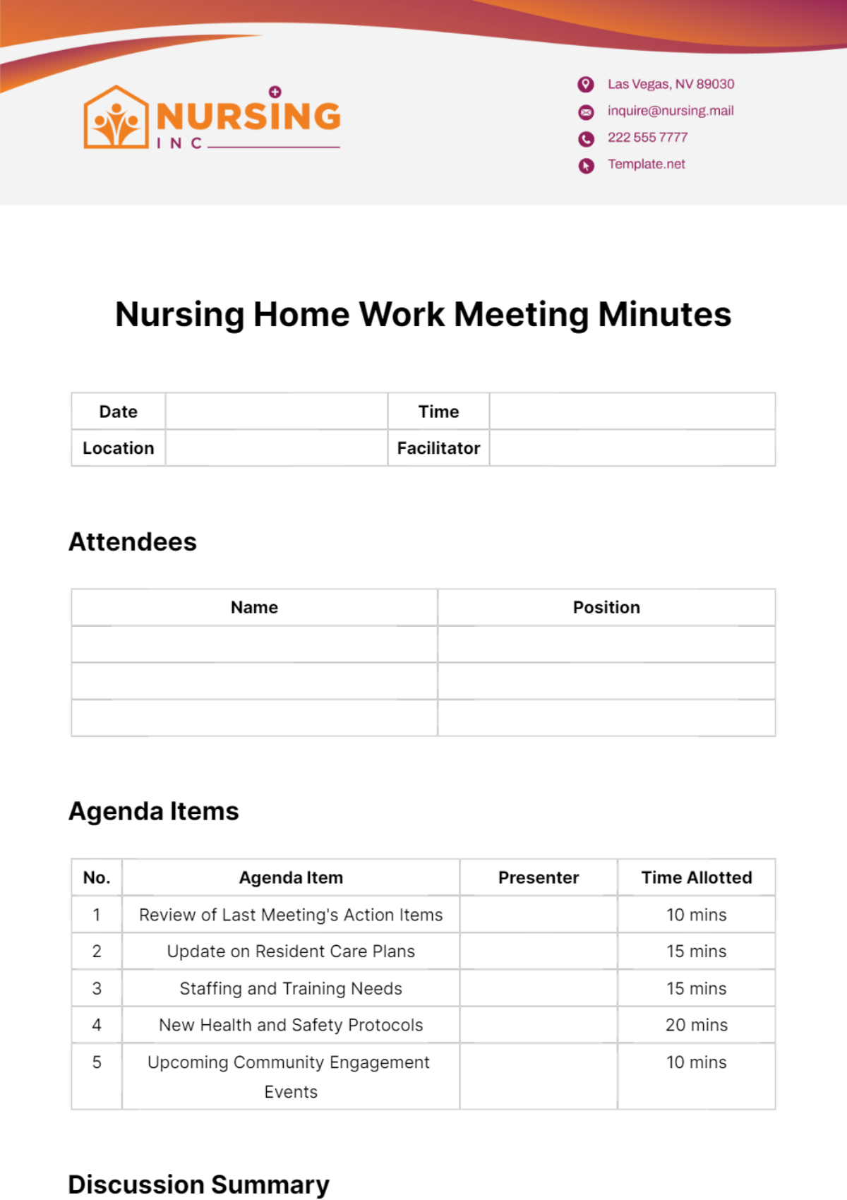 Free Nursing Home Work Meeting Minutes Template