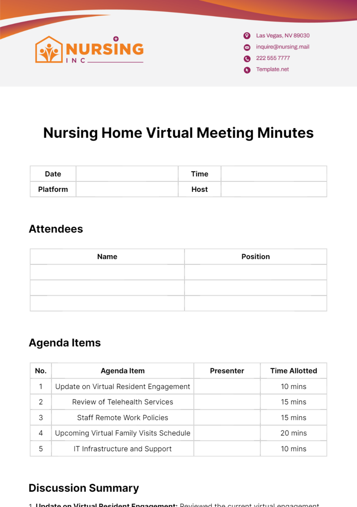 Free Nursing Home Virtual Meeting Minutes Template