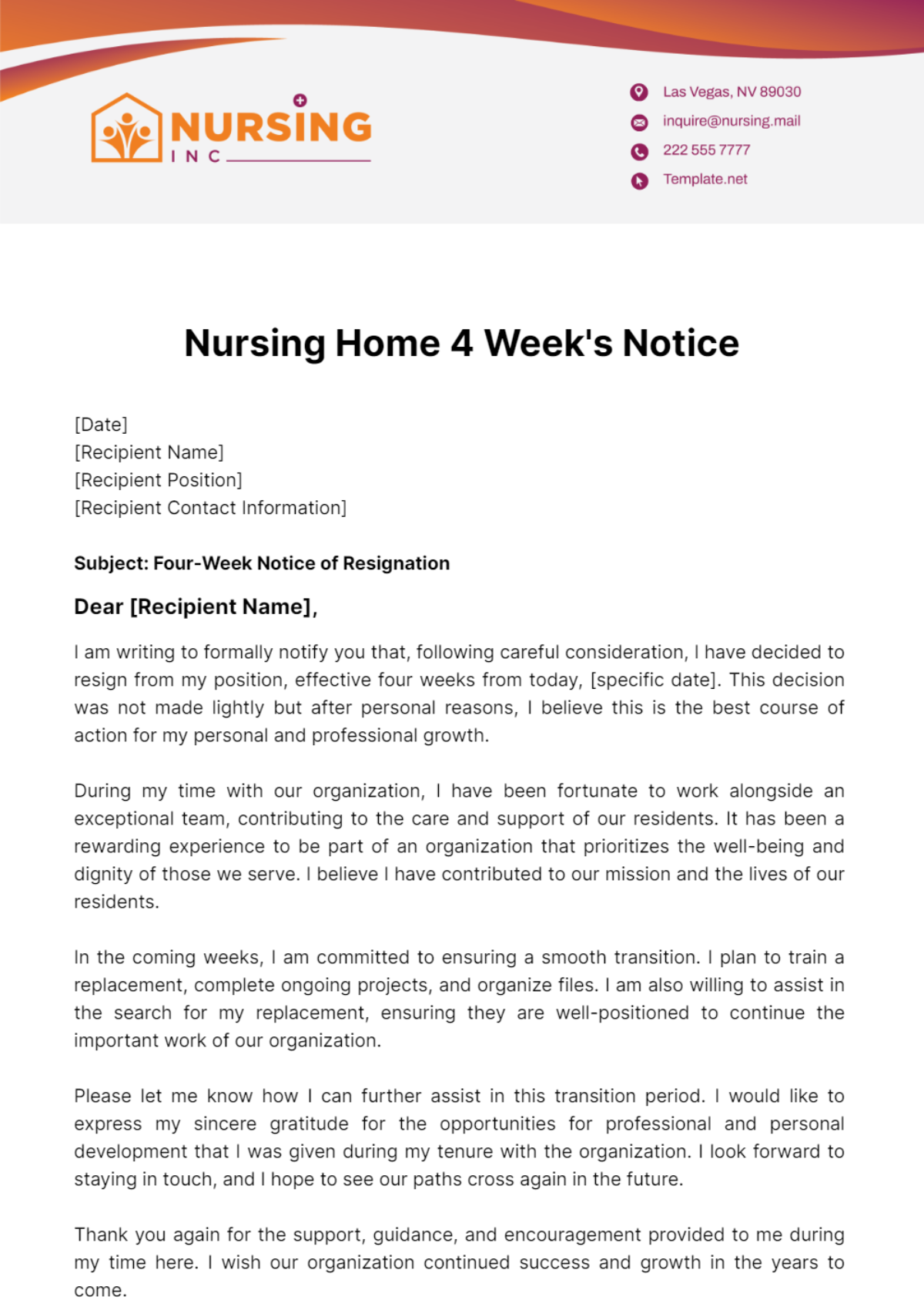 Nursing Home 4 Week's Notice Template