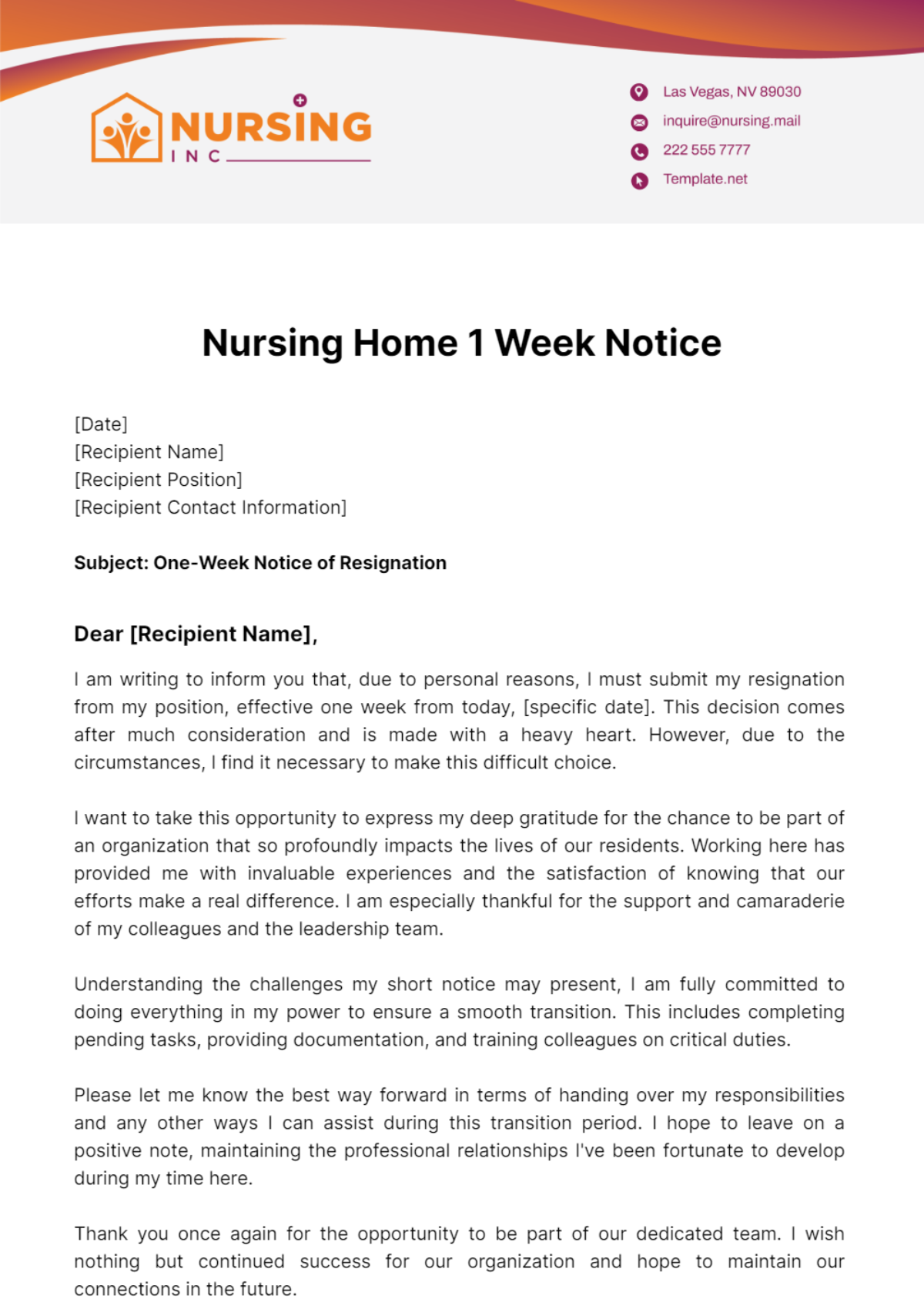 Nursing Home 1 Week Notice Template
