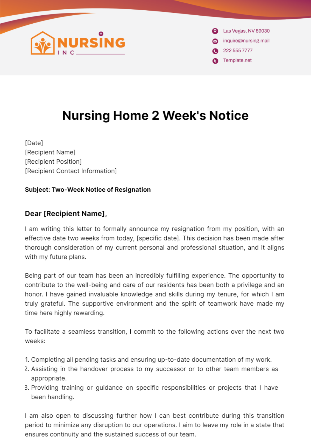 Nursing Home 2 Week's Notice Template
