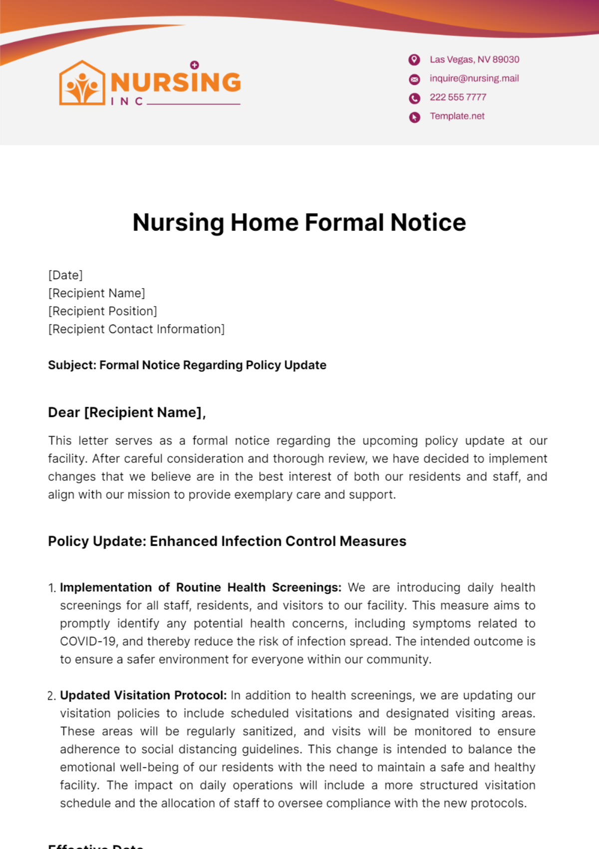 Nursing Home Formal Notice Template