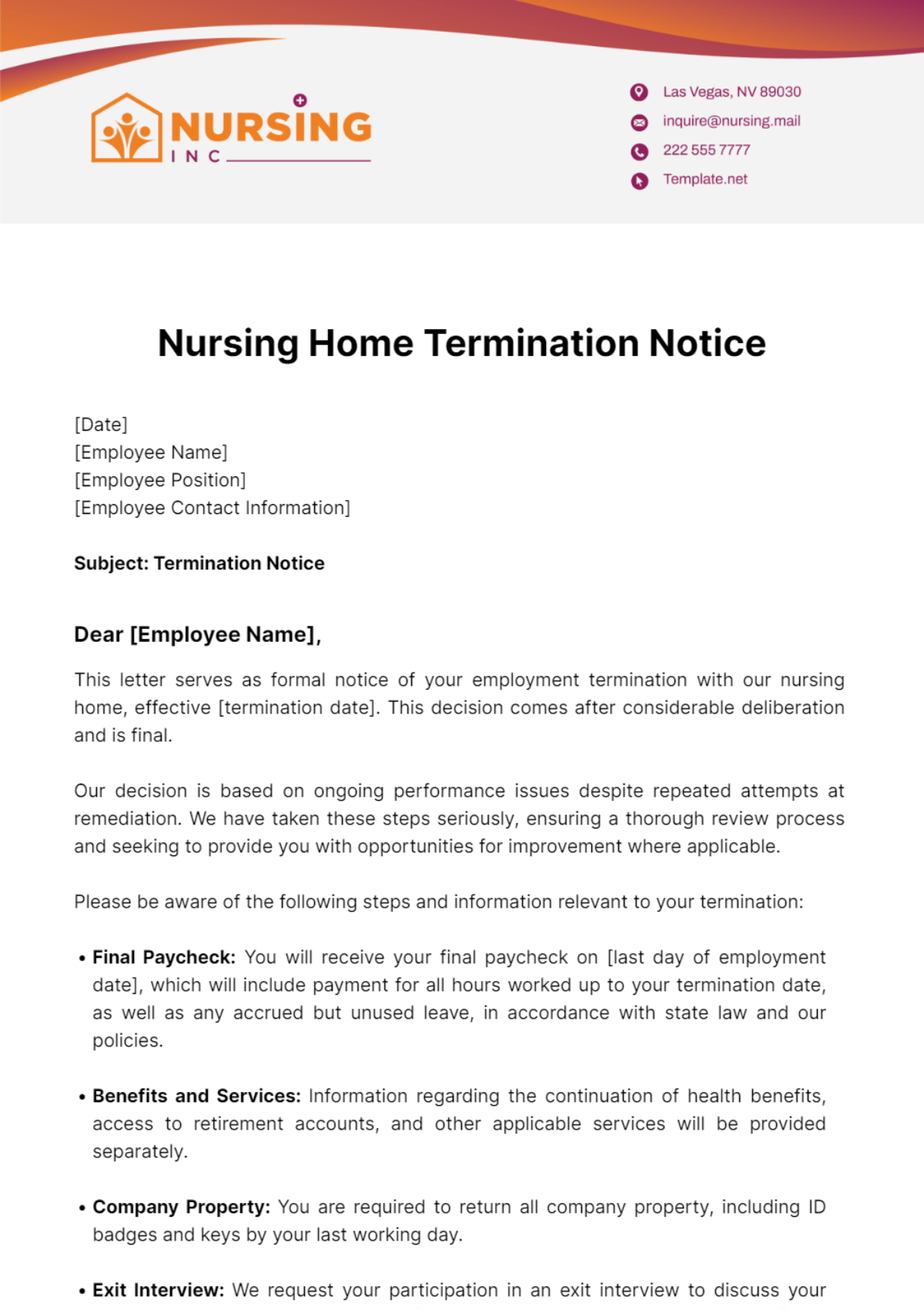 Nursing Home Termination Notice Template
