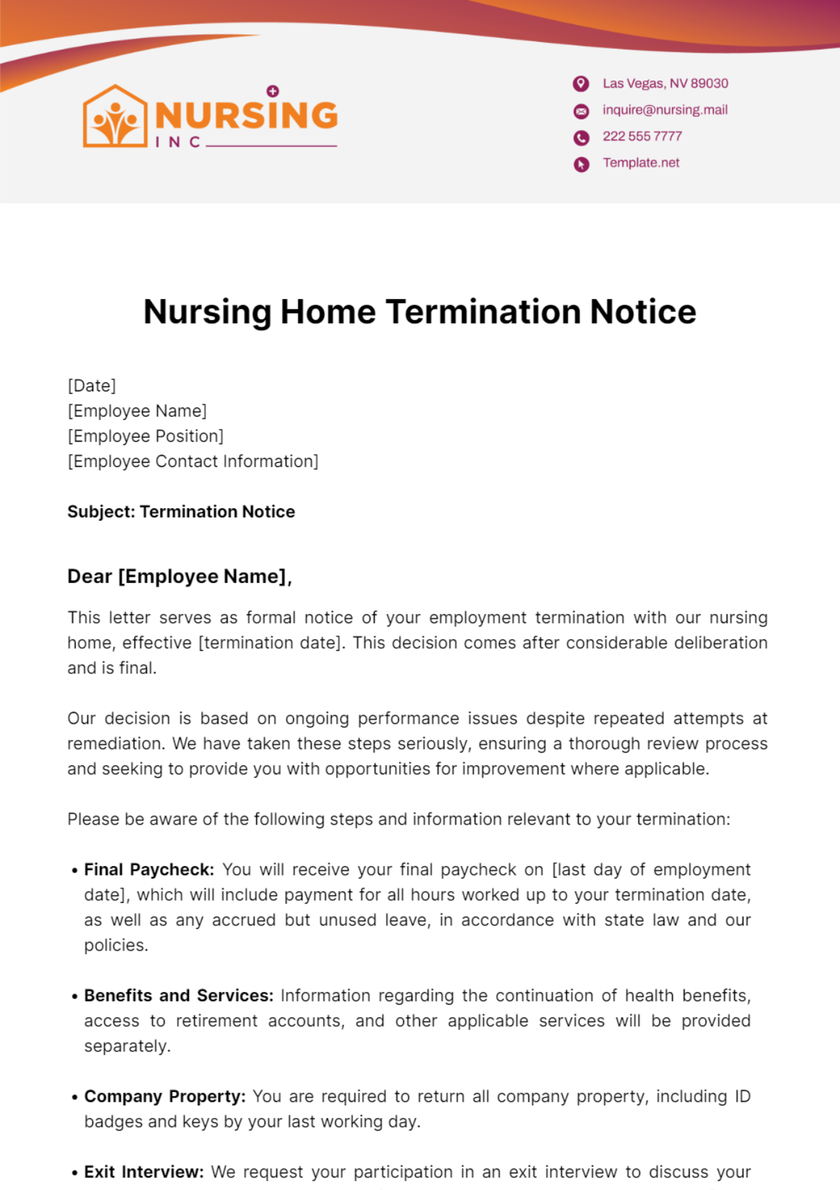 Nursing Home Termination Notice Template - Edit Online & Download