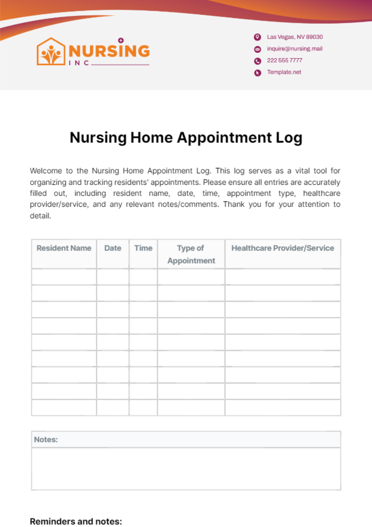 Nursing Home Appointment Log Template