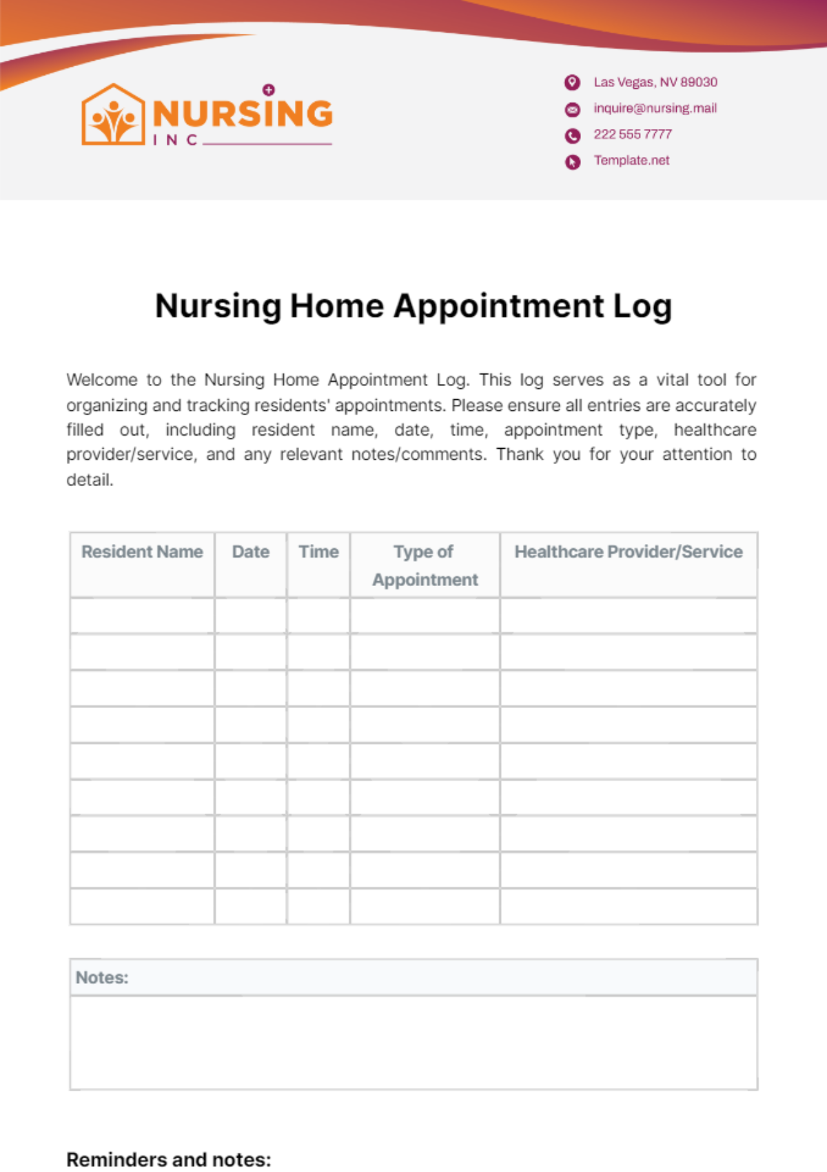 Nursing Home Appointment Log Template - Edit Online & Download