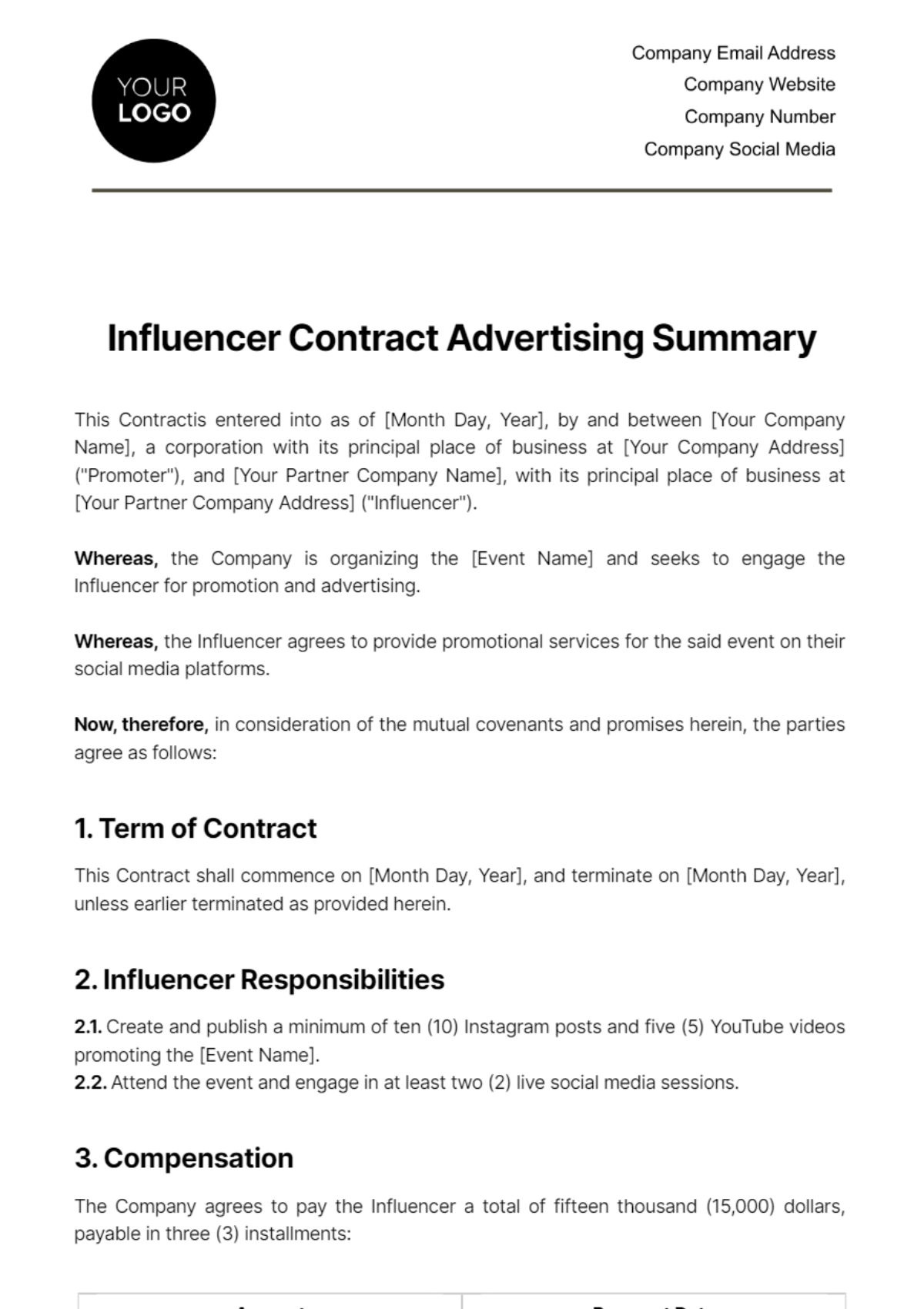 Influencer Contract Advertising Summary Template