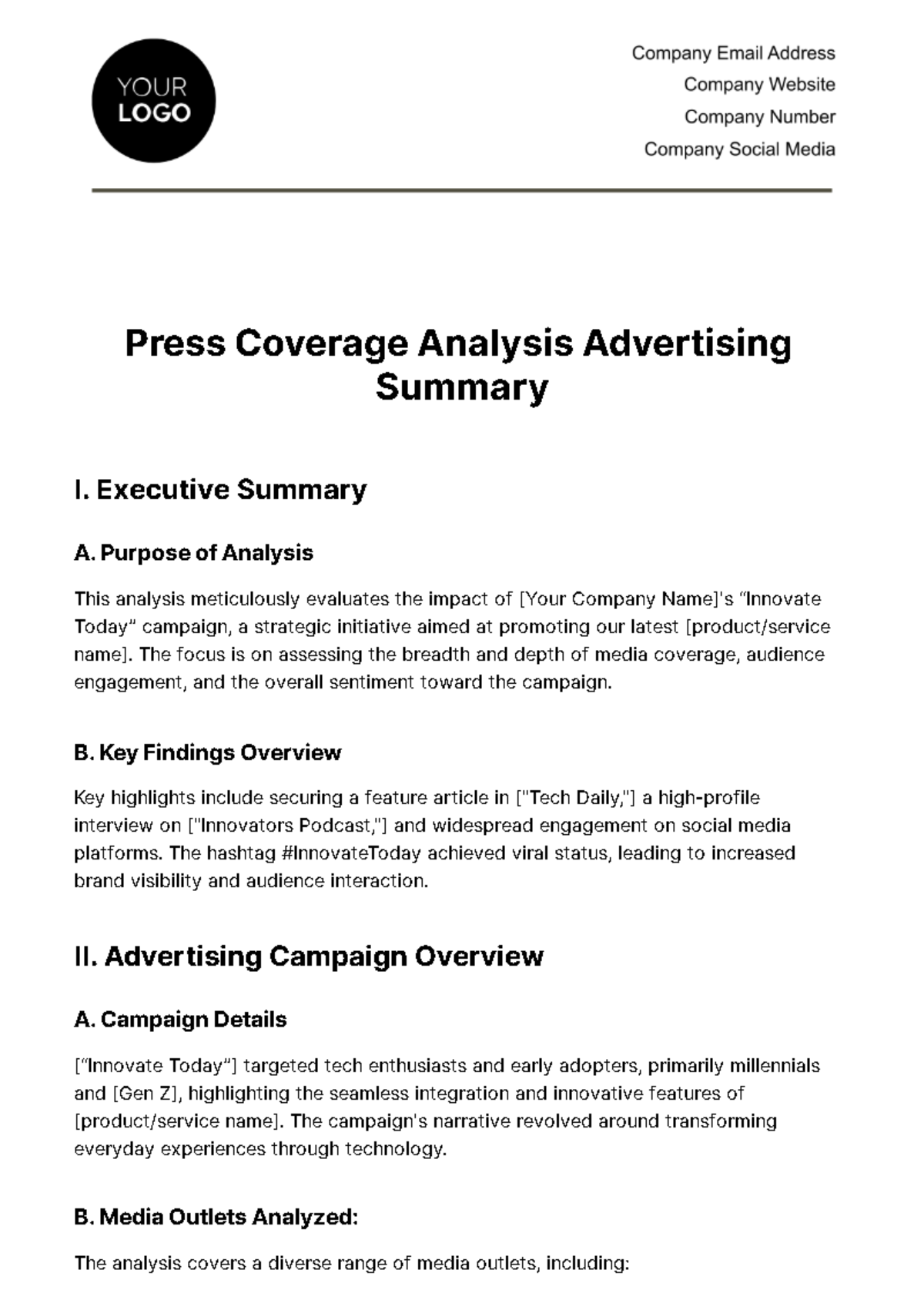Free Press Coverage Analysis Advertising Summary Template