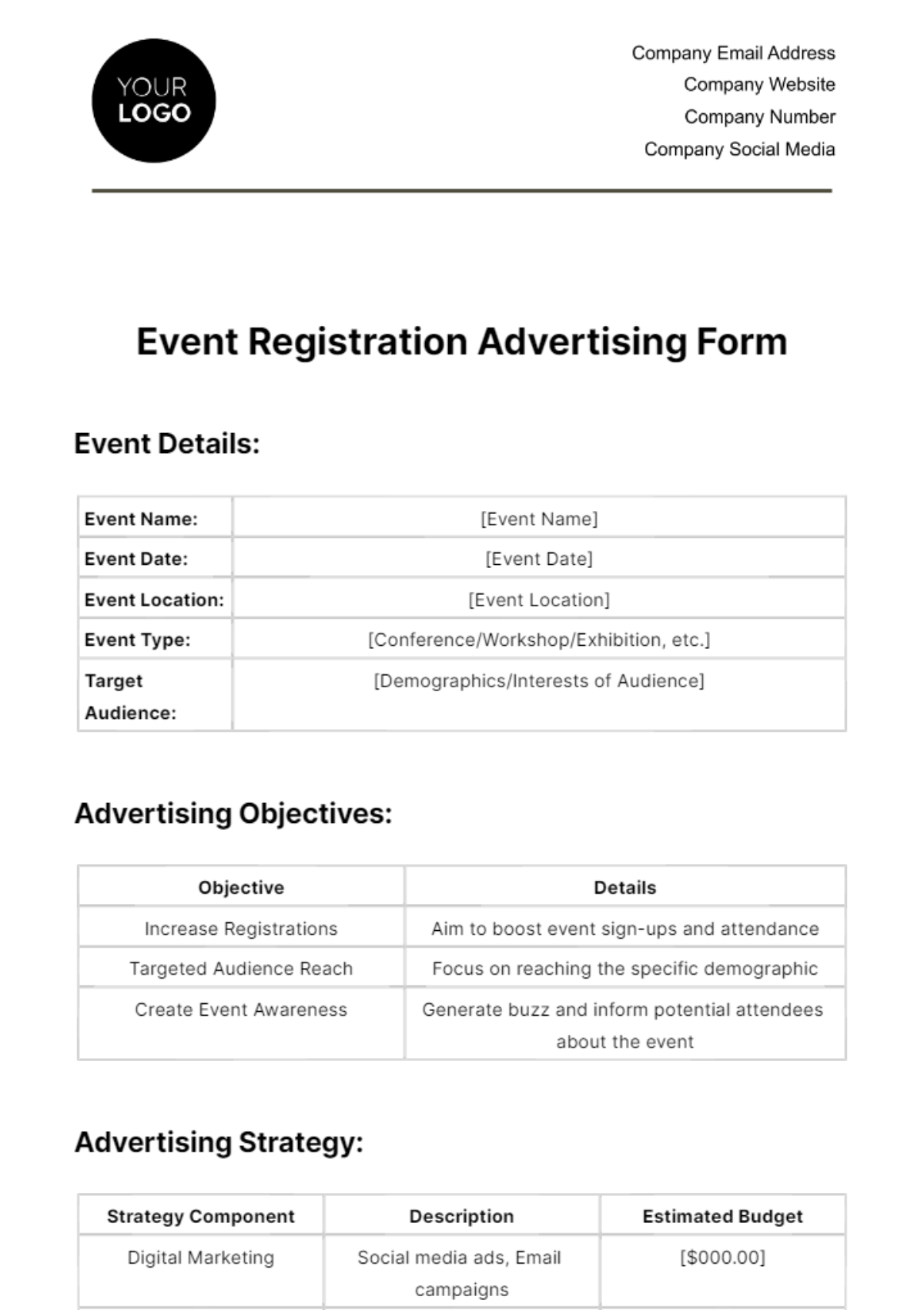 Event Registration Advertising Form Template