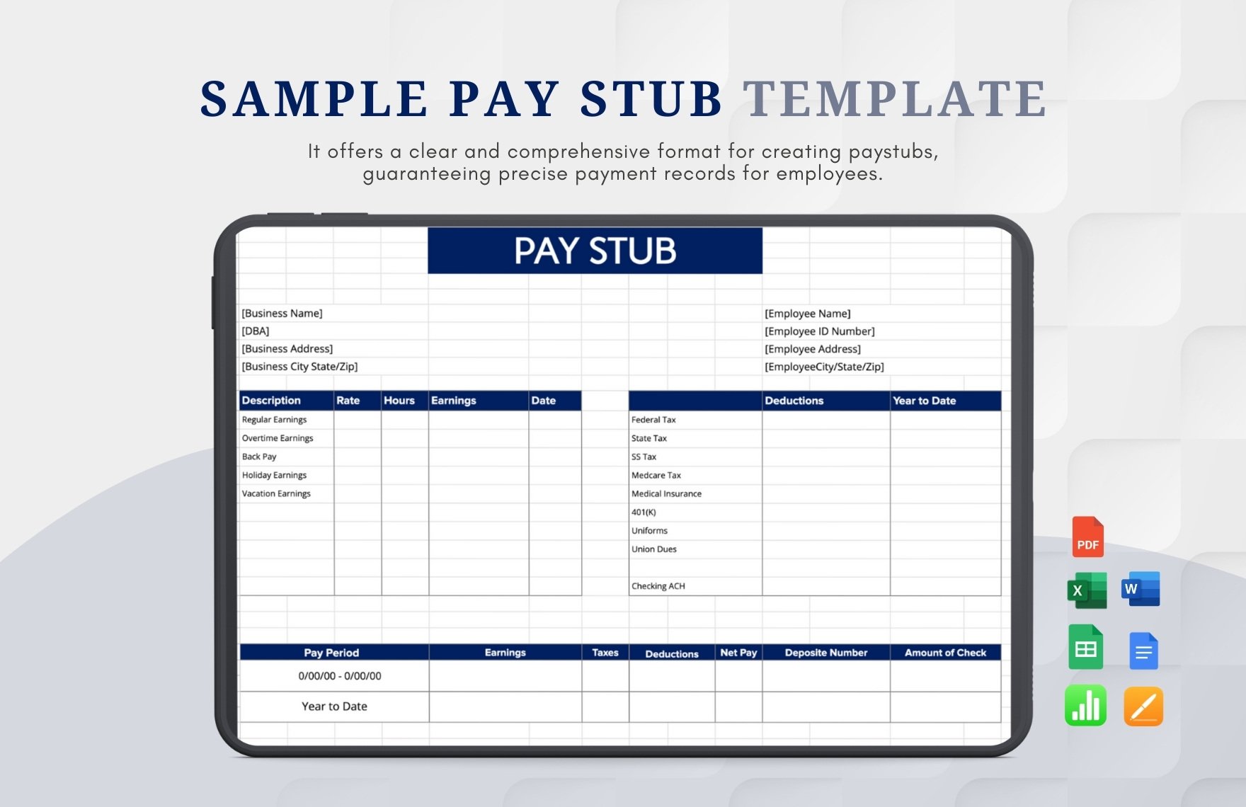 Sample Pay Stub Template in Word, Google Docs, Excel, PDF, Google Sheets, Apple Pages, Apple Numbers