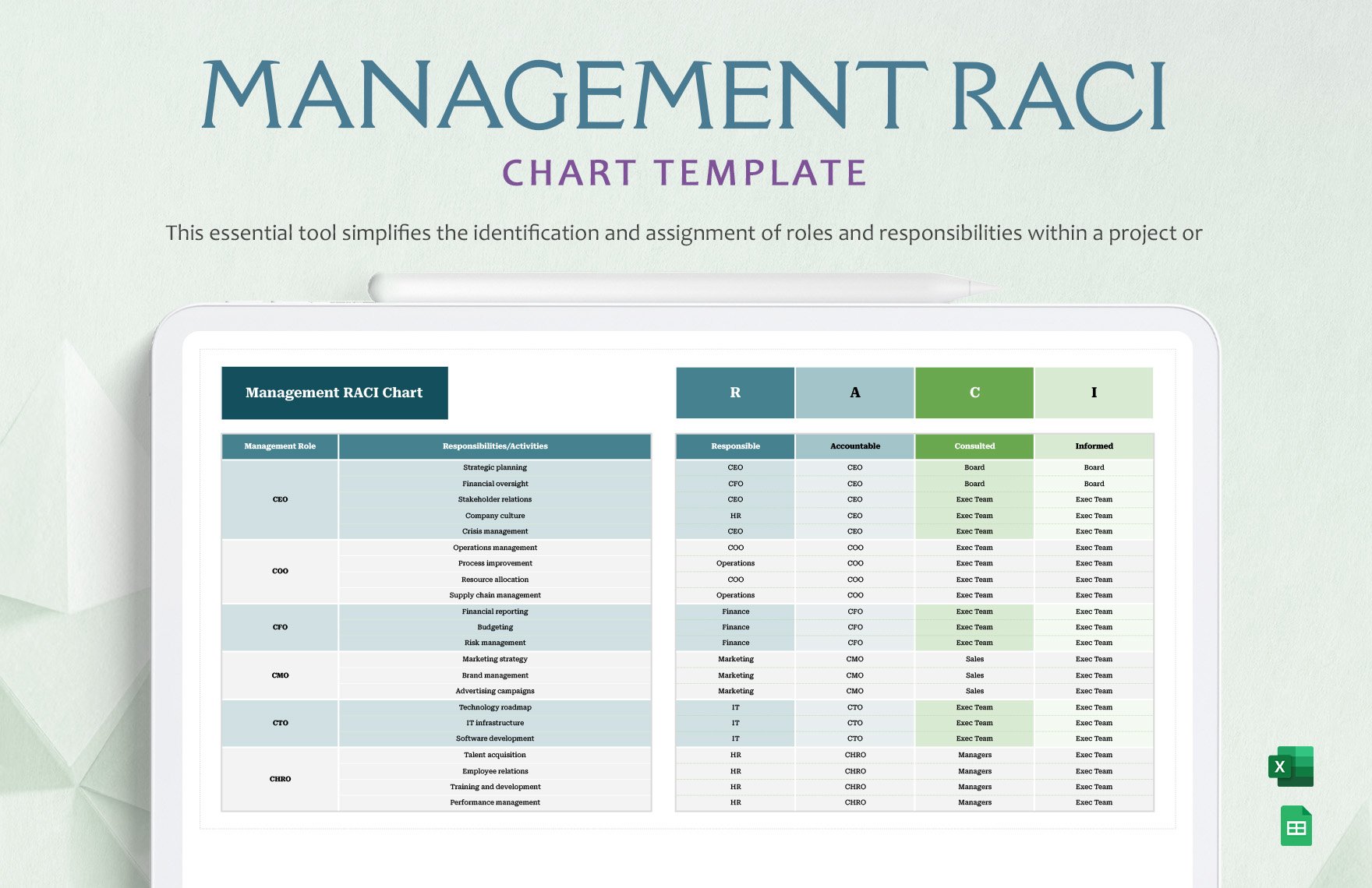 Management RACI Chart Template in Excel, Google Sheets