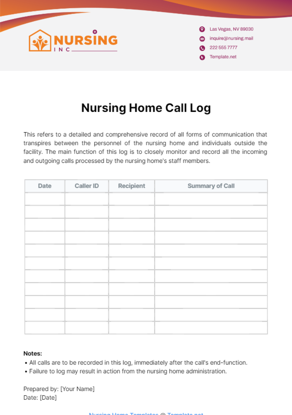 Nursing Home Call Log Template