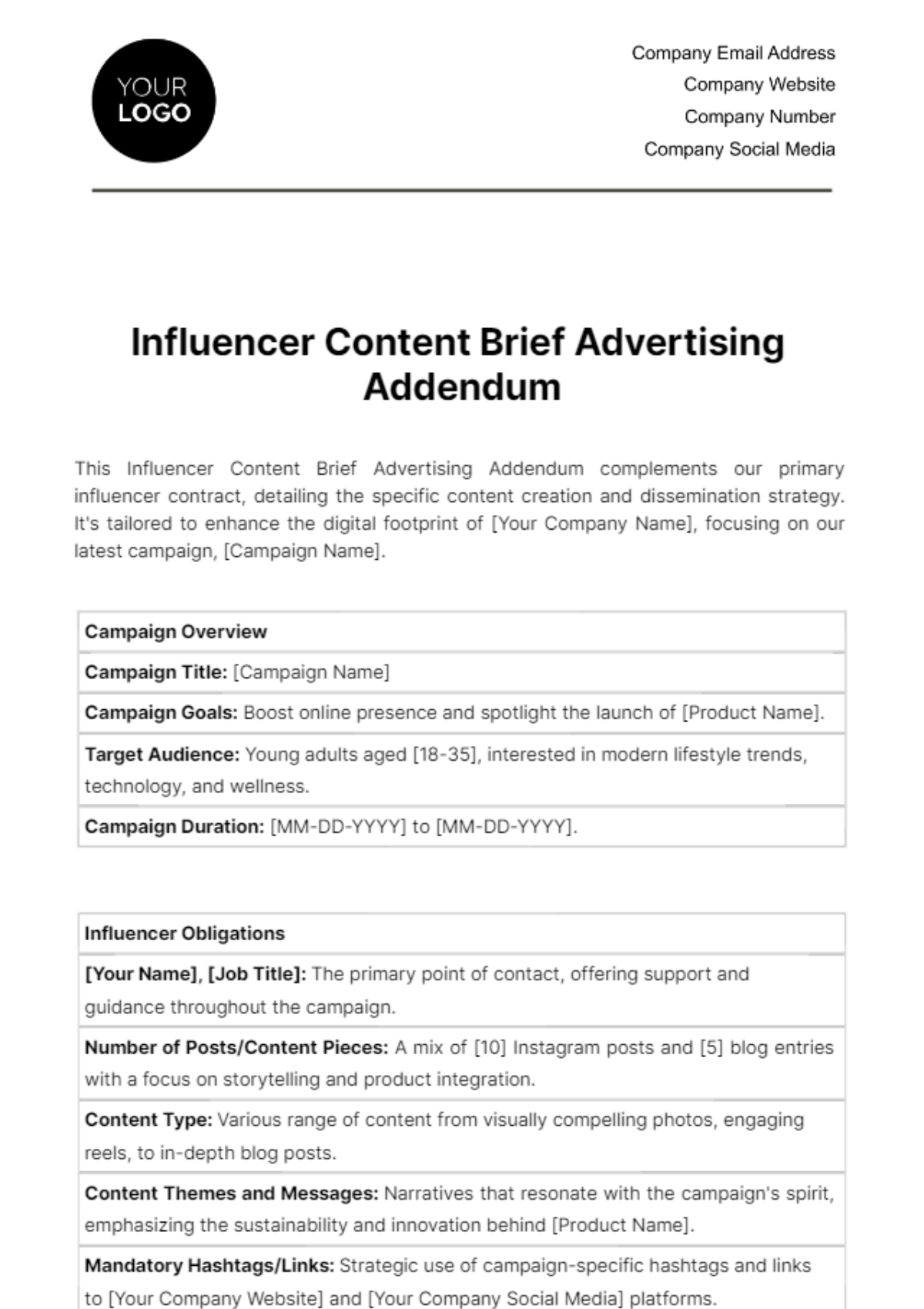 Influencer Content Brief Advertising Addendum Template - Edit Online & Download