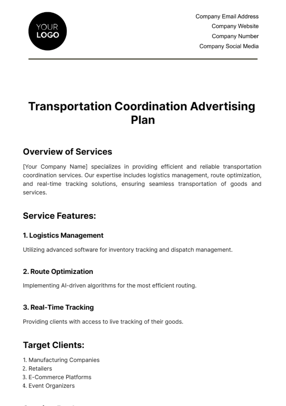Free Transportation Coordination Advertising Plan Template