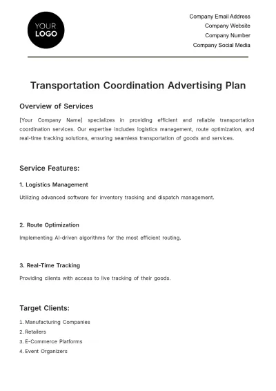Free Transportation Coordination Advertising Plan Template to Edit Online