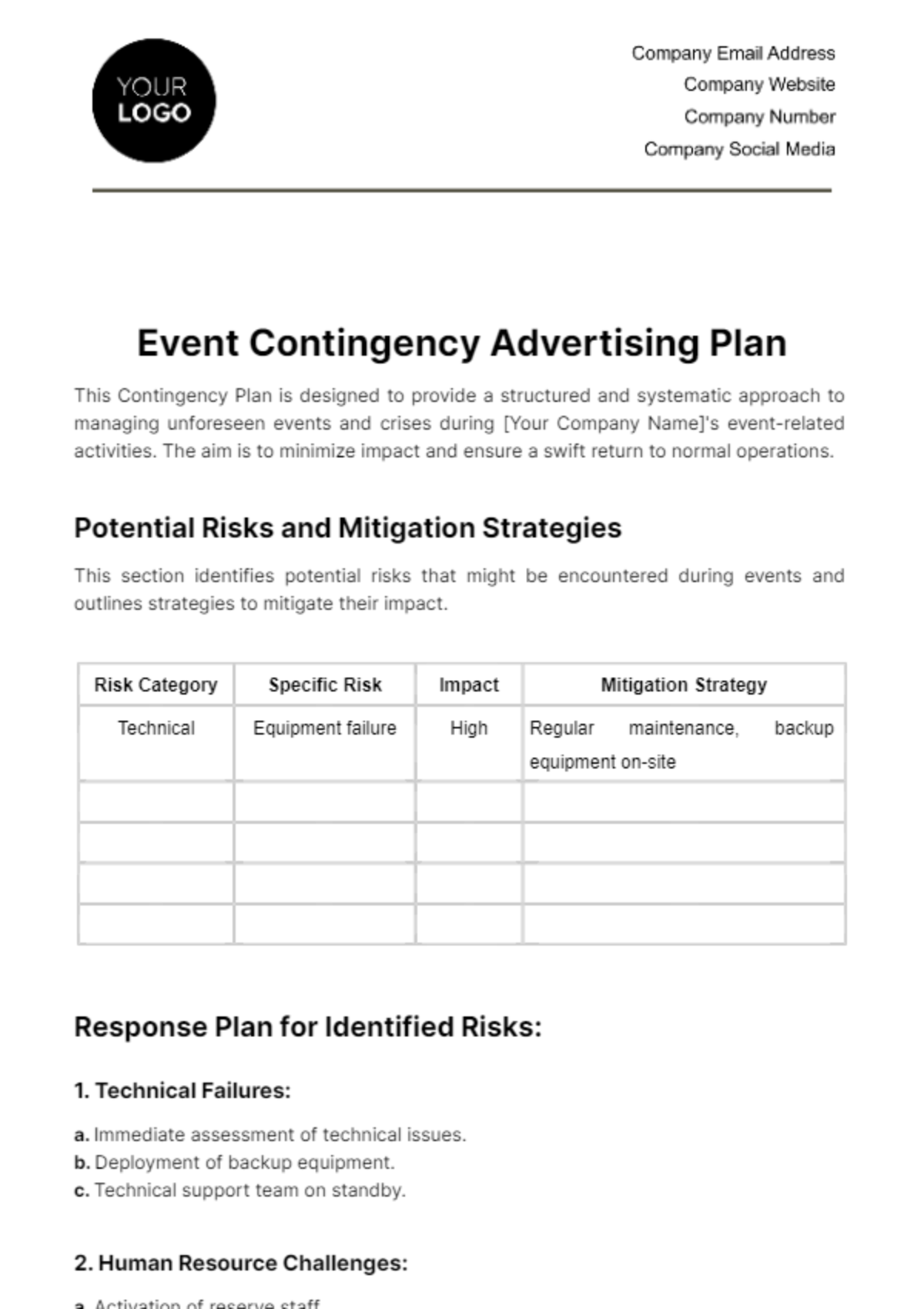 Free Event Contingency Advertising Plan Template