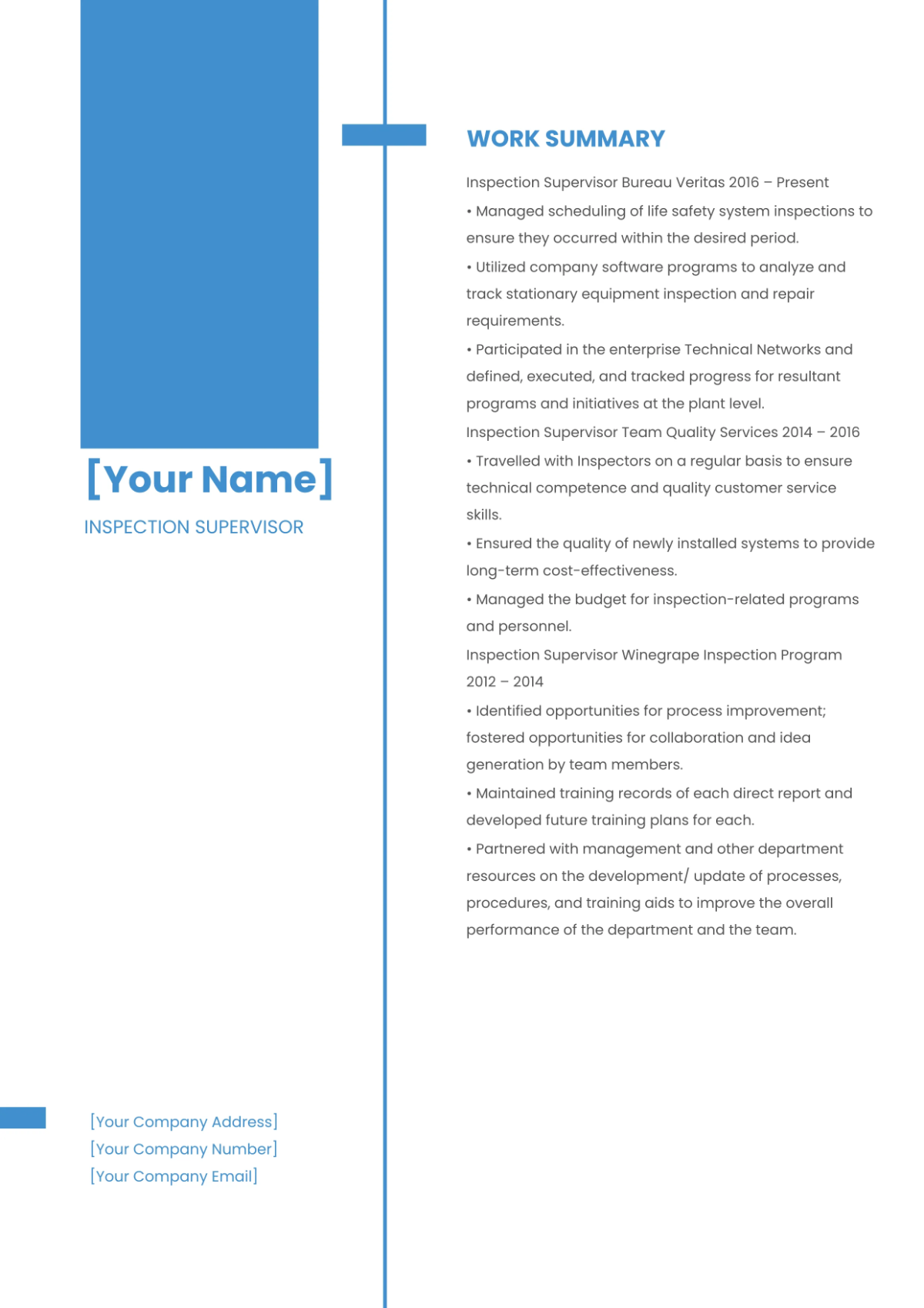 Free Inspection Supervisor Resume Template to Edit Online