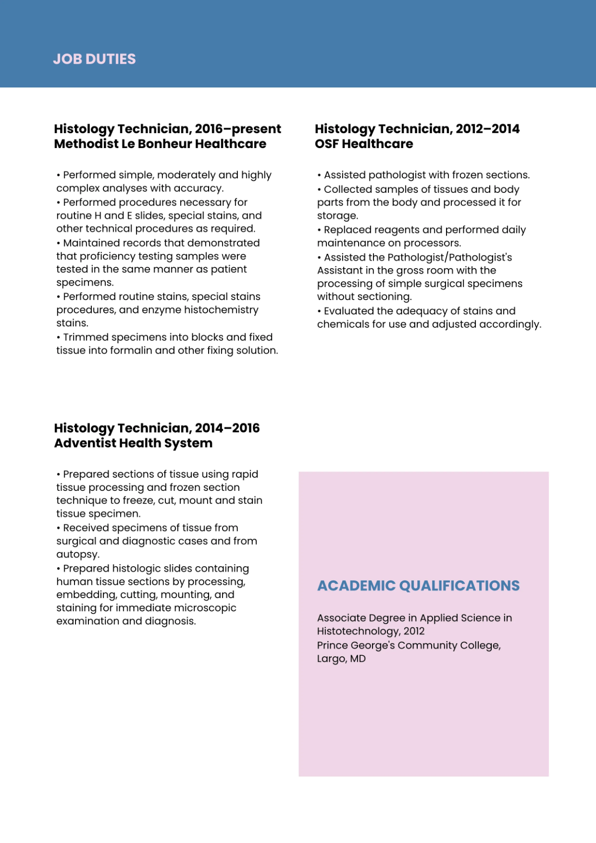 Free Histology Technician Resume Template to Edit Online