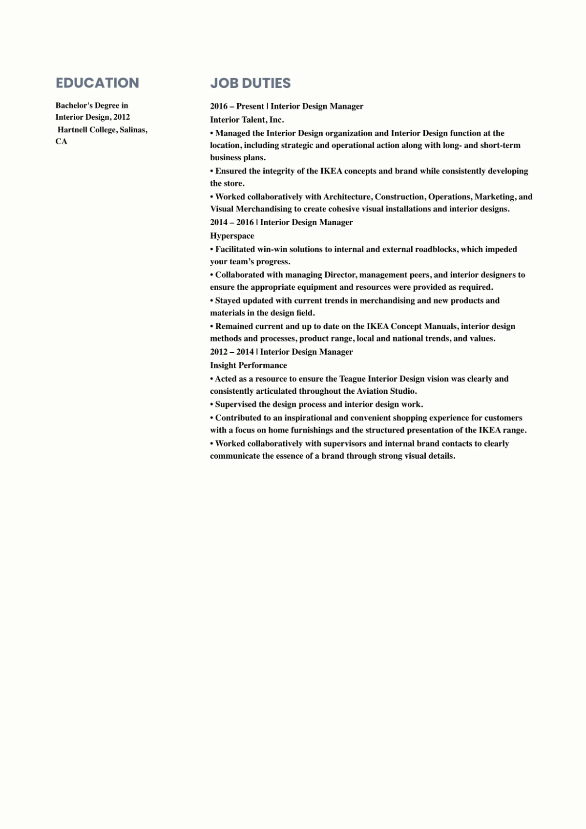 Free Interior Design Manager Resume Template to Edit Online