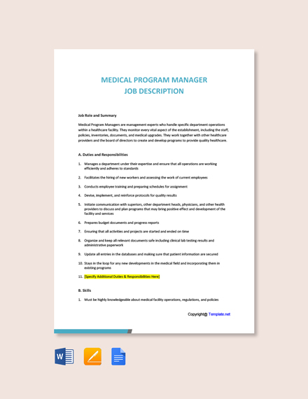 FREE Medical Program Manager Job Description - Word | Google Docs