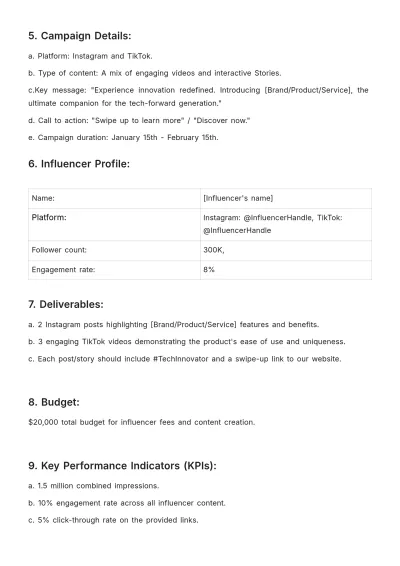 Free Social Media Influencer Advertising Brief Template to Edit Online