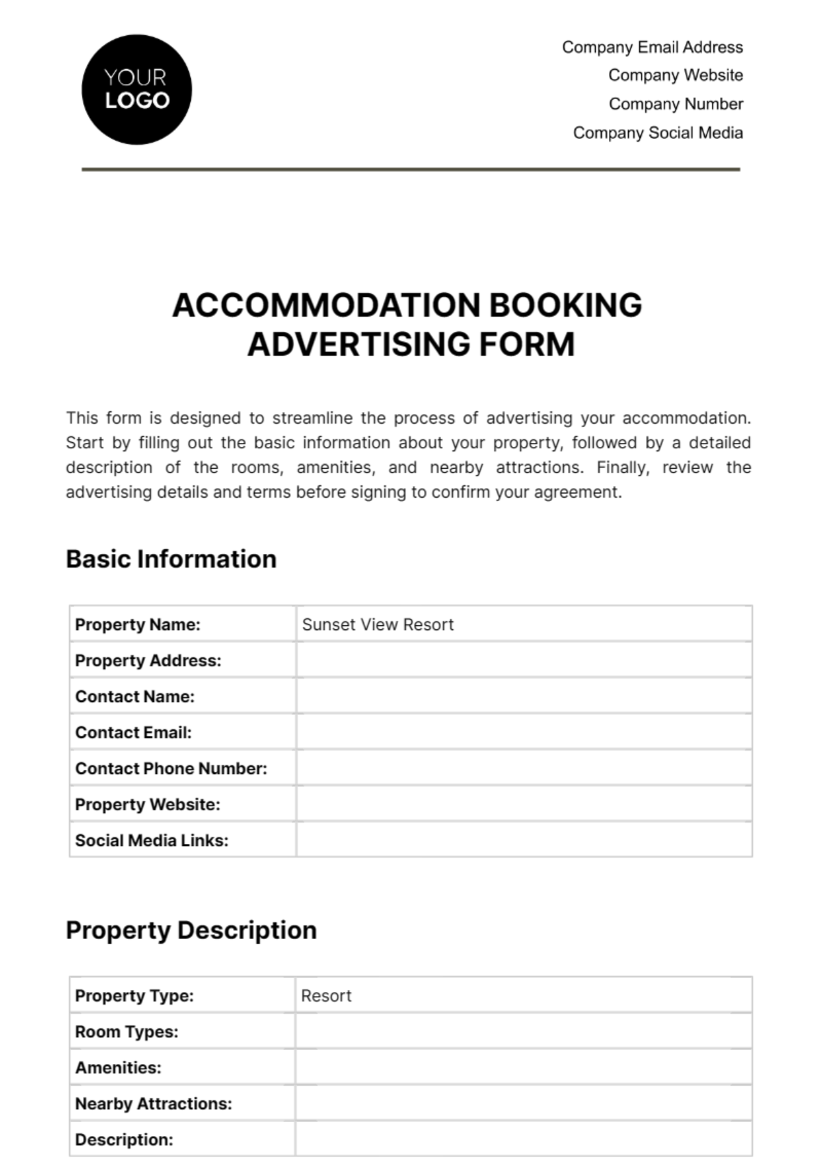 Free Accommodation Booking Advertising Form Template