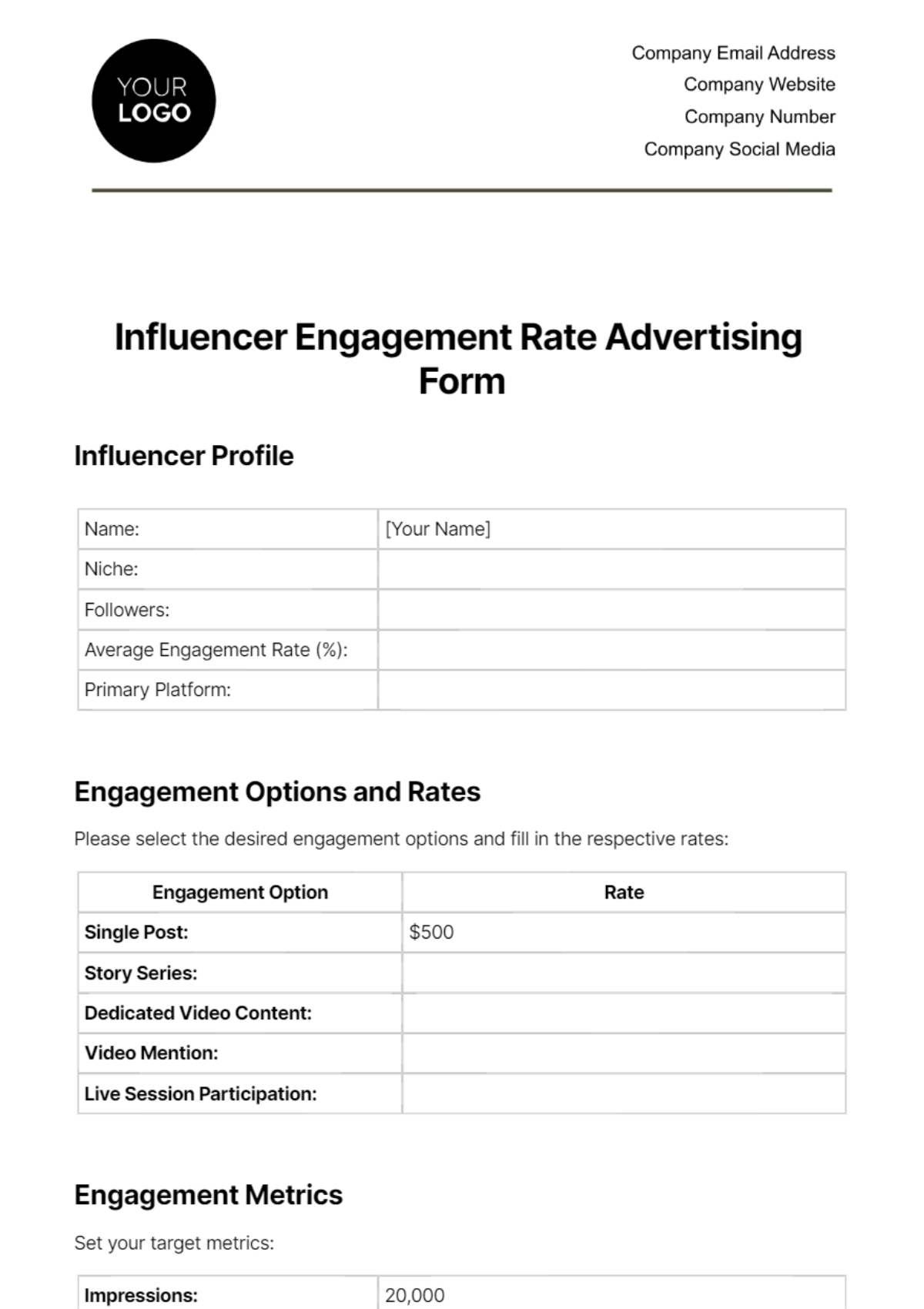 Influencer Engagement Rate Advertising Form Template
