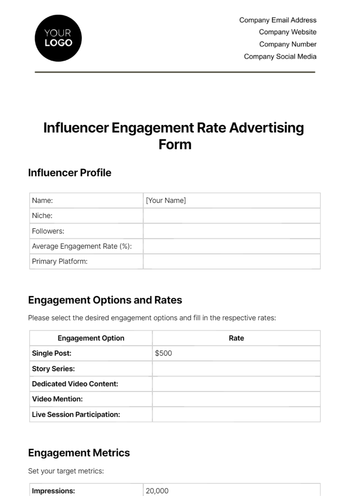 Influencer Engagement Rate Advertising Form Template - Edit Online & Download