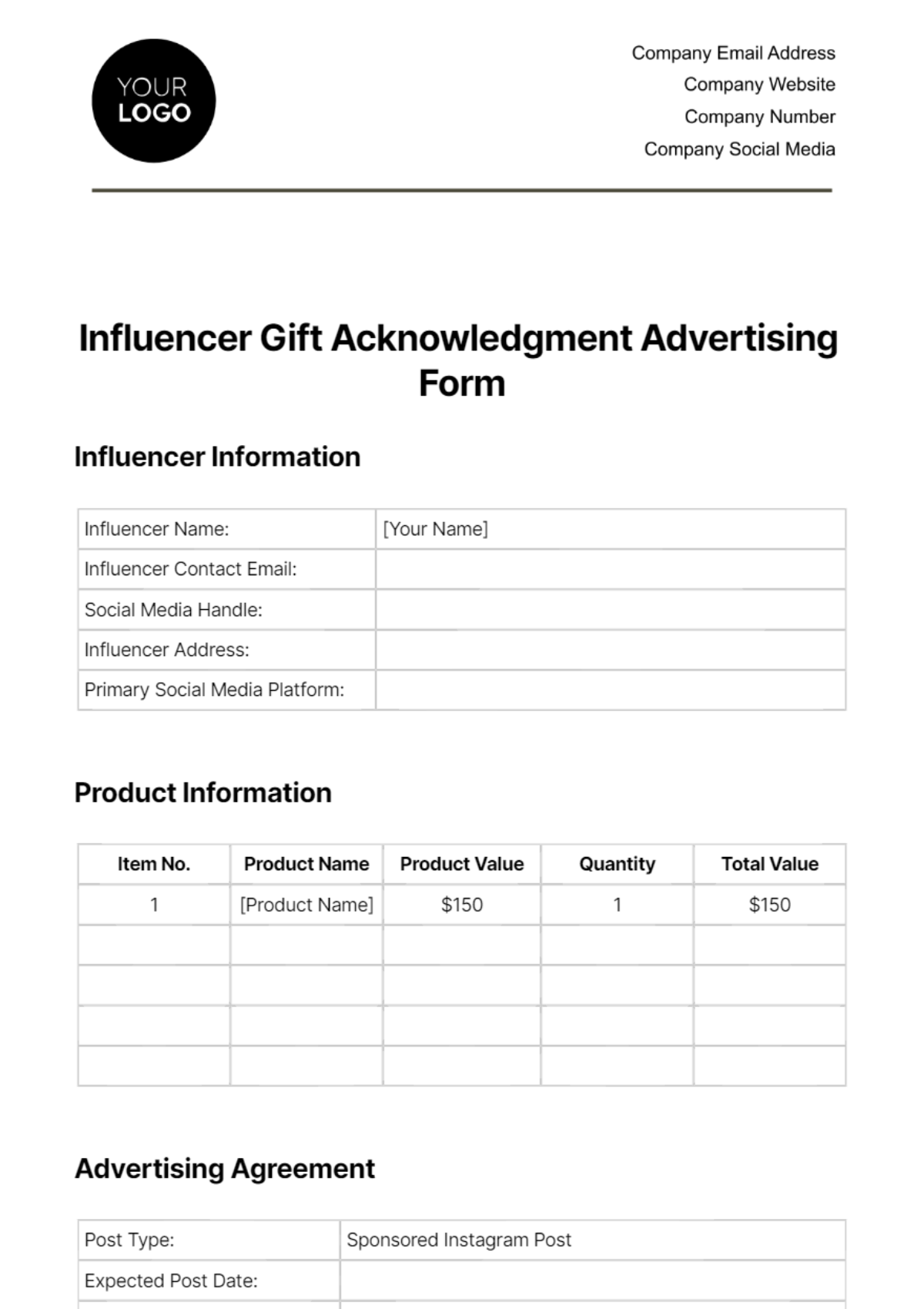 Influencer Gift Acknowledgment Advertising Form Template - Edit Online & Download