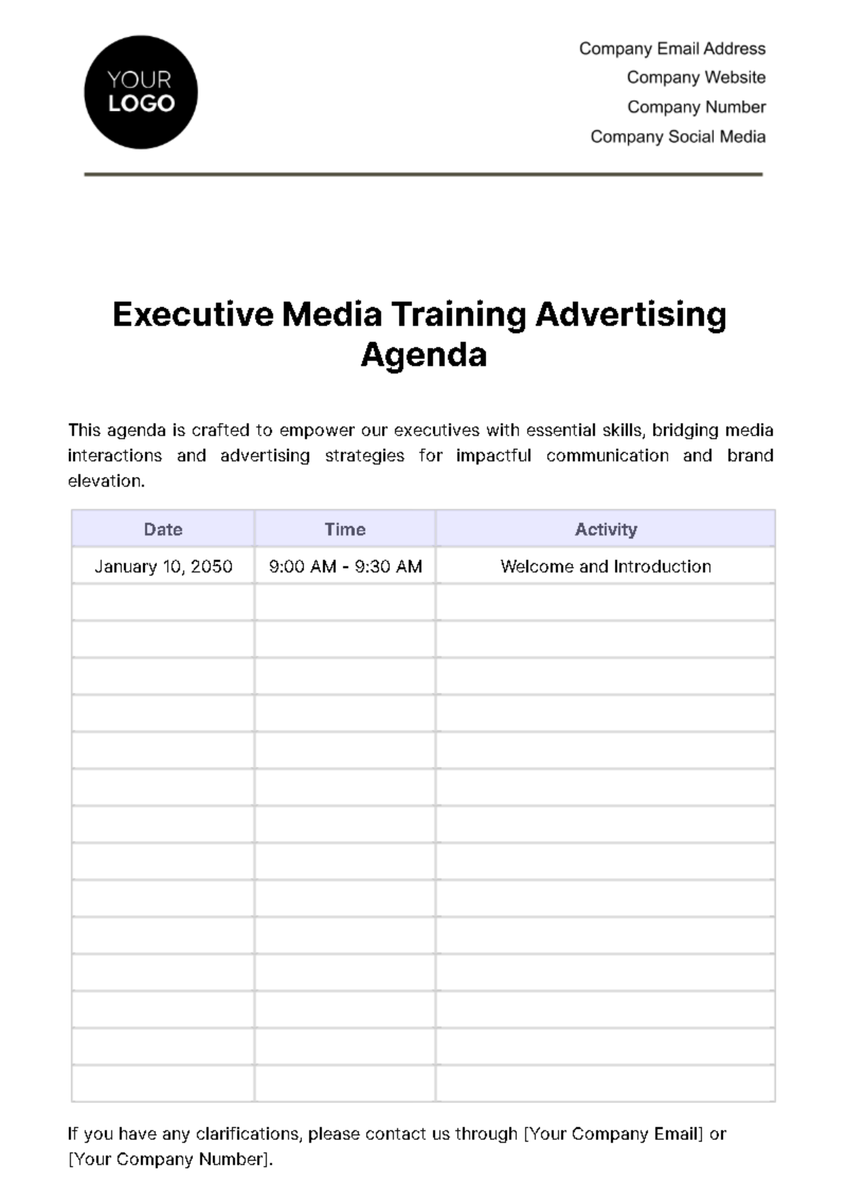Free Executive Media Training Advertising Agenda Template 