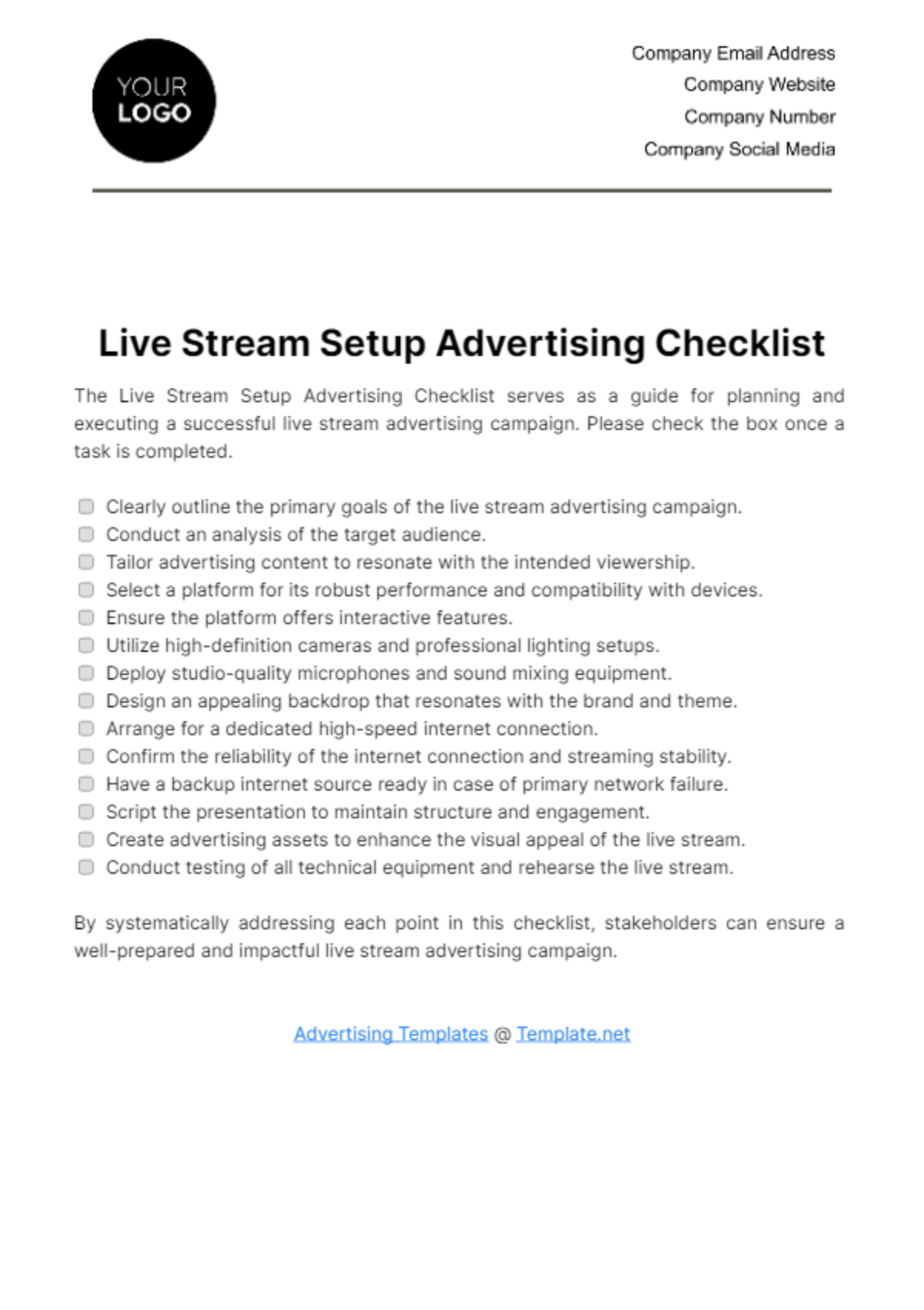 Free Live Stream Setup Advertising Checklist Template