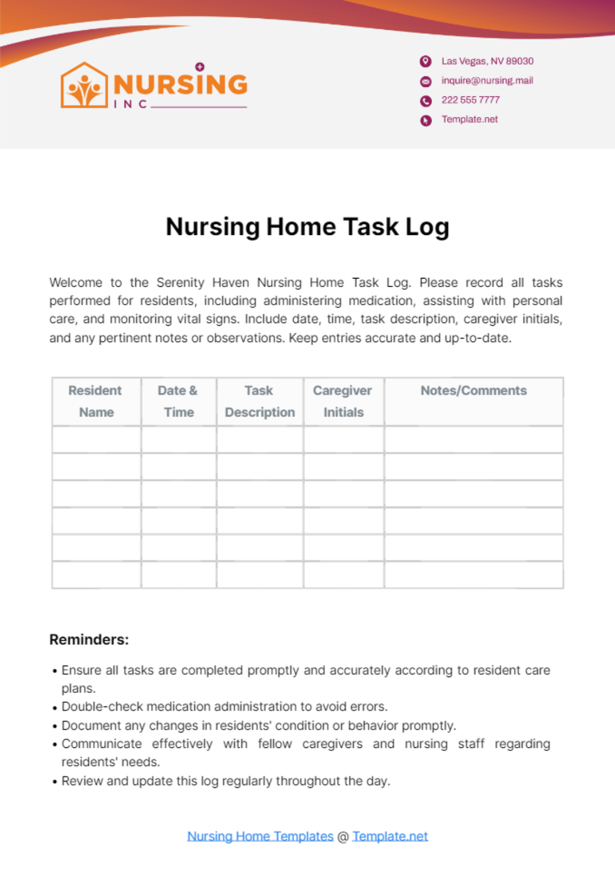 Nursing Home Task Log Template