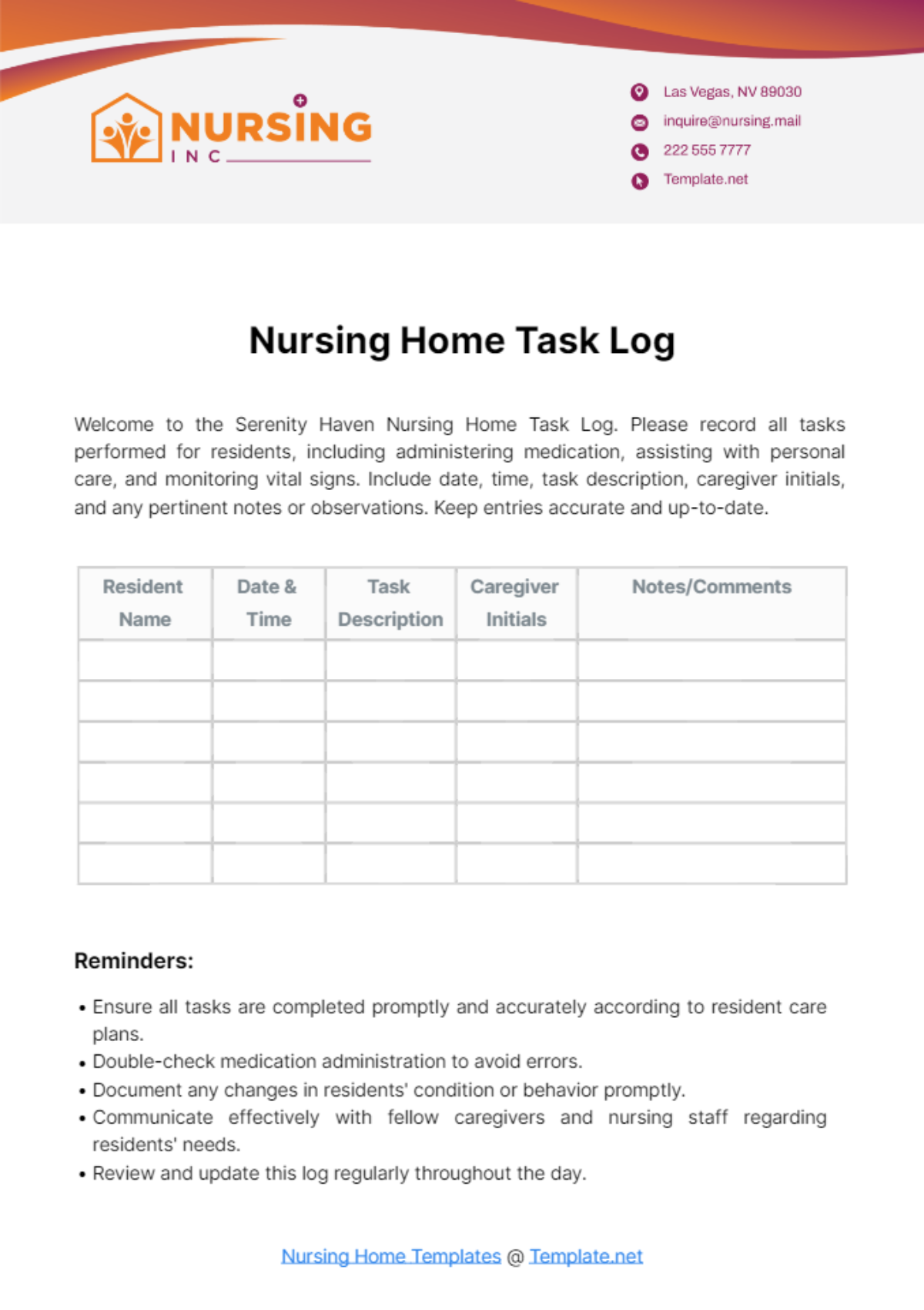 Nursing Home Task Log Template - Edit Online & Download