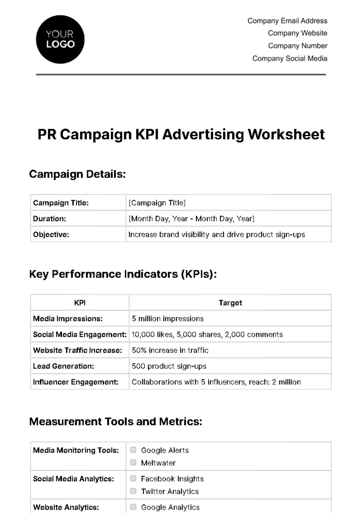 PR Campaign KPI Advertising Worksheet Template
