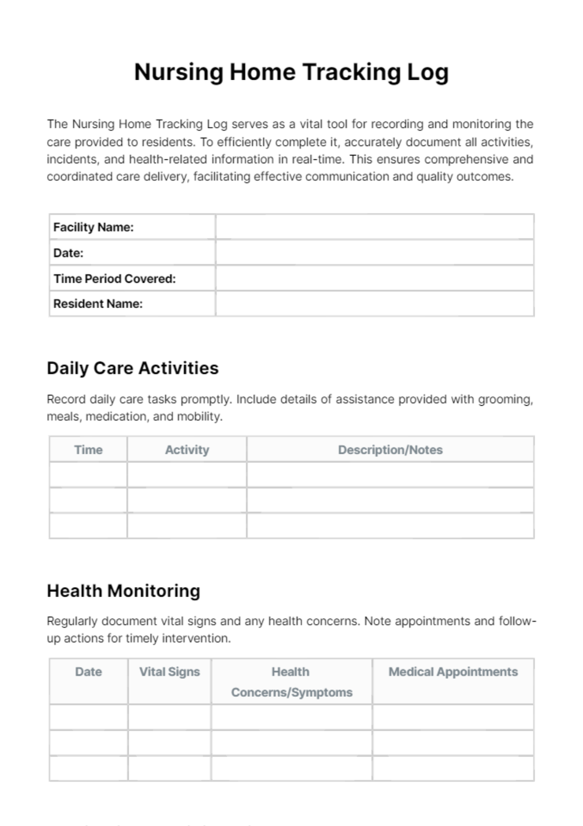 Nursing Home Tracking Log Template - Edit Online & Download