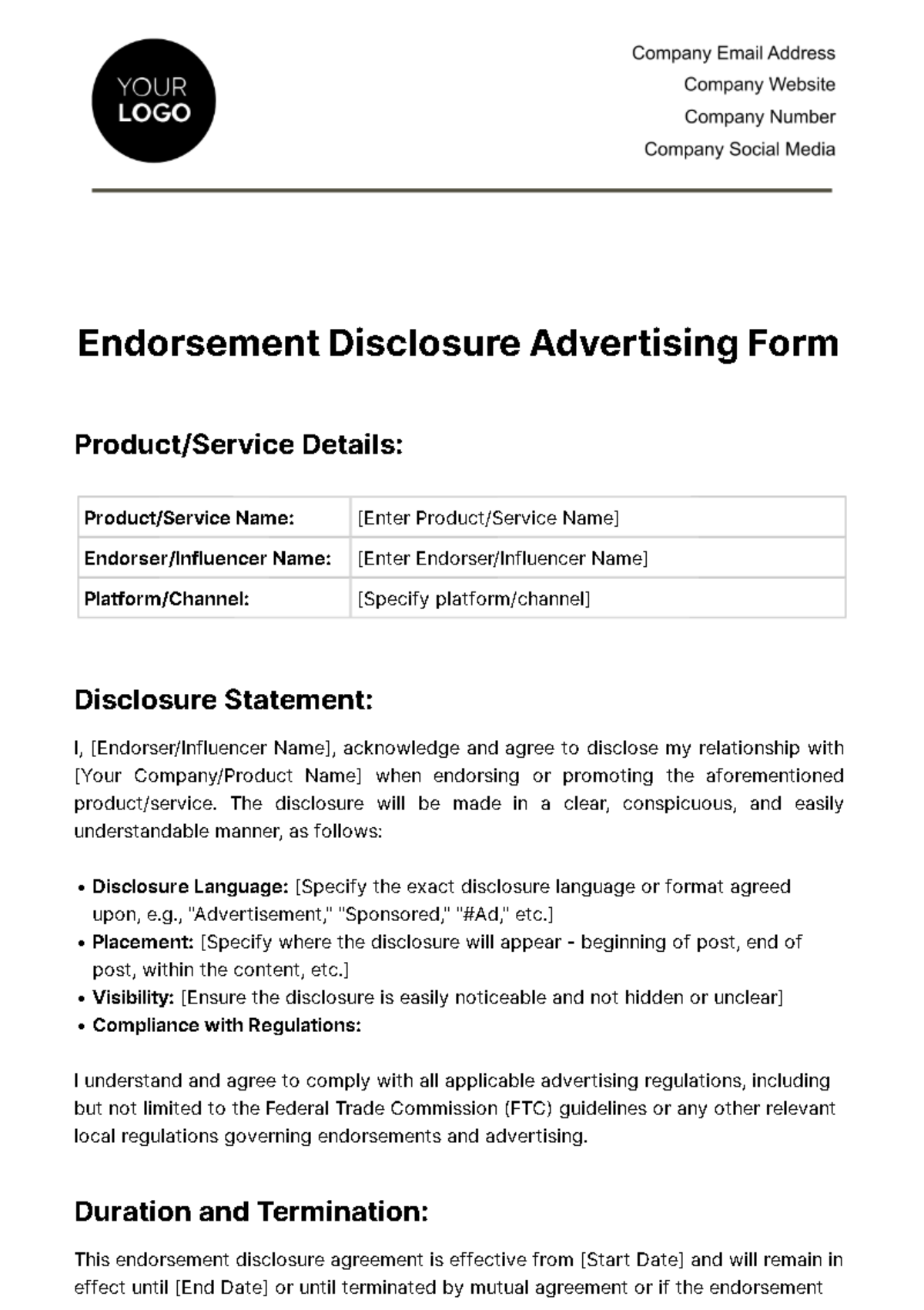 Endorsement Disclosure Advertising Form Template